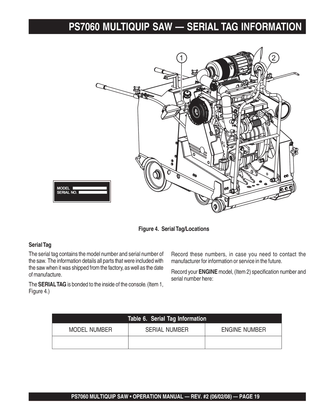 Multiquip PS706016, PS706026 PS706030, PS706020, PS706036 operation manual PS7060 Multiquip SAW Serial TAG Information 