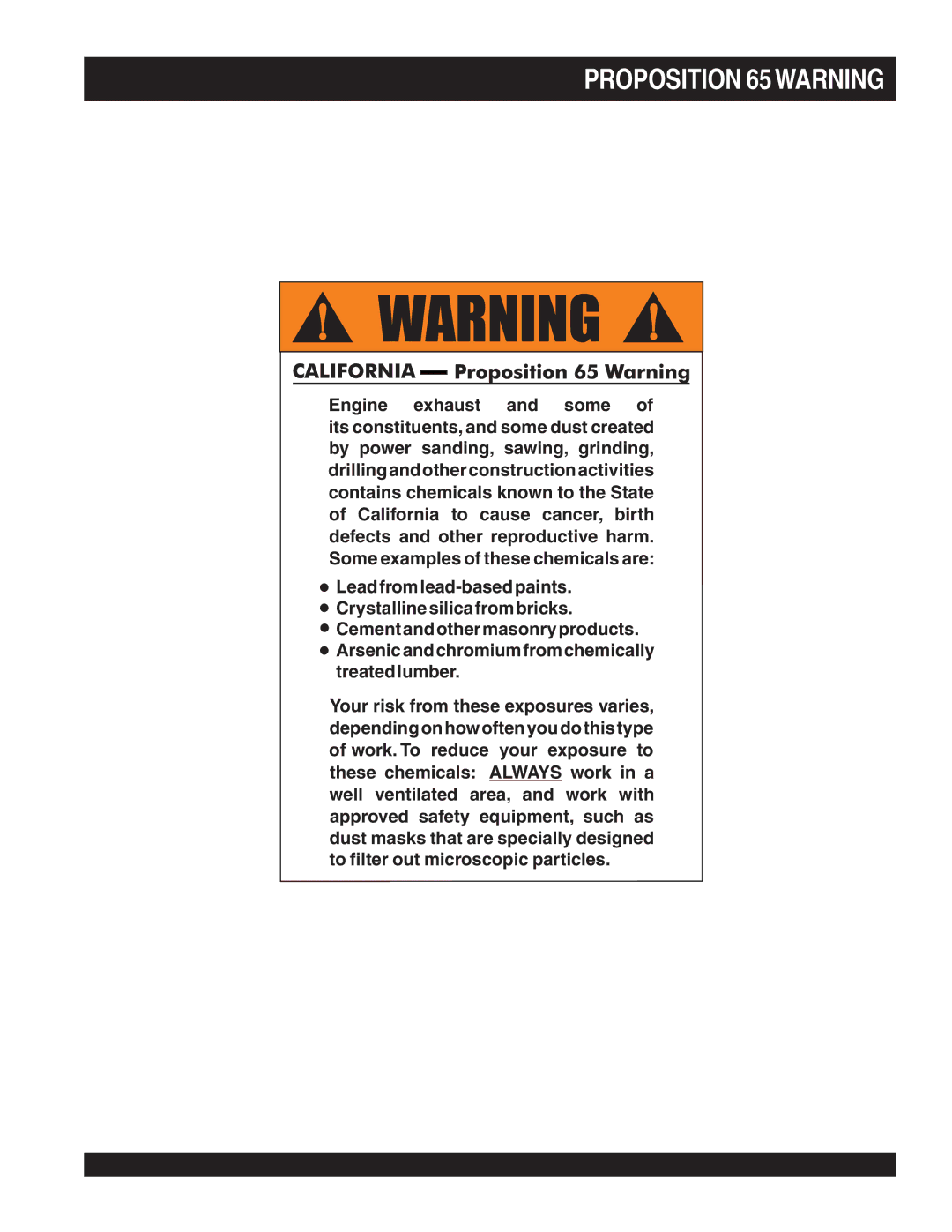 Multiquip PS706036, PS706026 PS706030, PS706020, PS706016 operation manual Proposition 65WARNING 