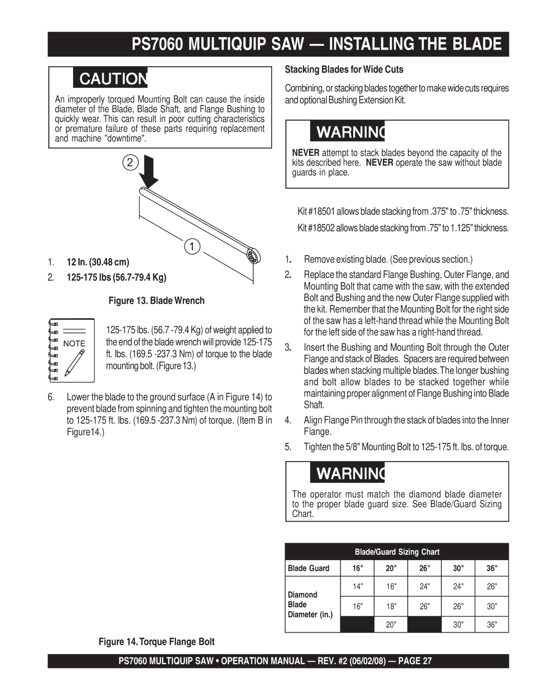 Multiquip PS706016, PS706026 PS706030, PS706020 PS7060 Multiquip SAW Installing the Blade, 12 In .48 cm Lbs 56.7-79.4 Kg 