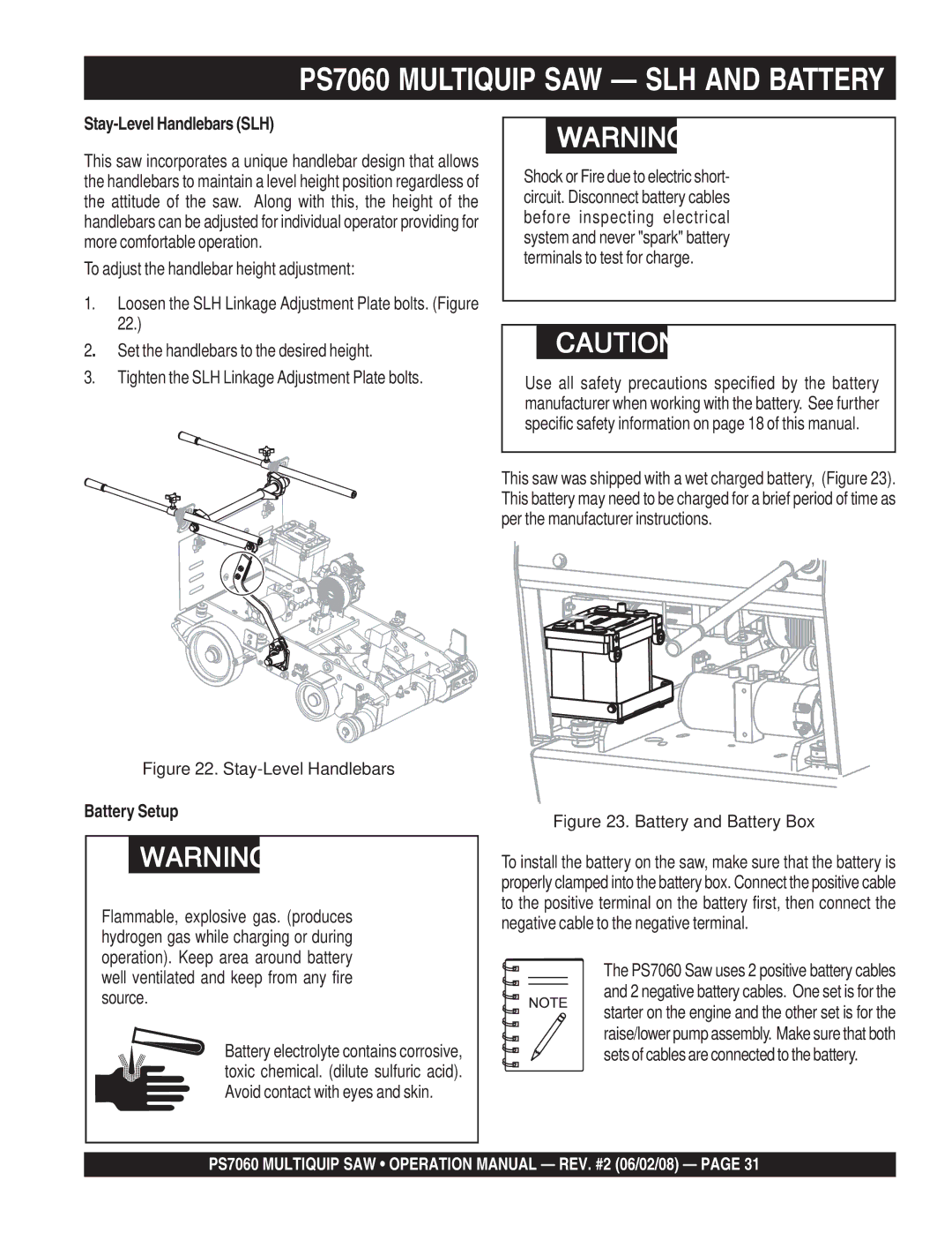 Multiquip PS706016, PS706026 PS706030, PS706020, PS706036 PS7060 Multiquip SAW SLH and Battery, Stay-Level Handlebars SLH 