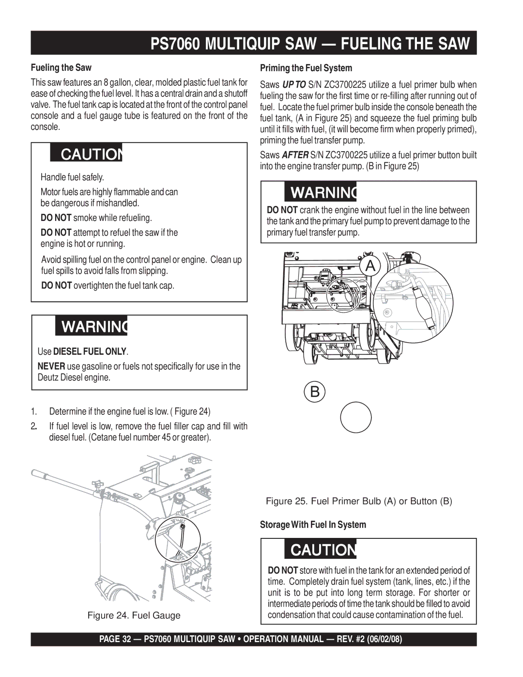 Multiquip PS706026 PS706030, PS706020, PS706036 PS7060 Multiquip SAW Fueling the SAW, Fueling the Saw, Handle fuel safely 