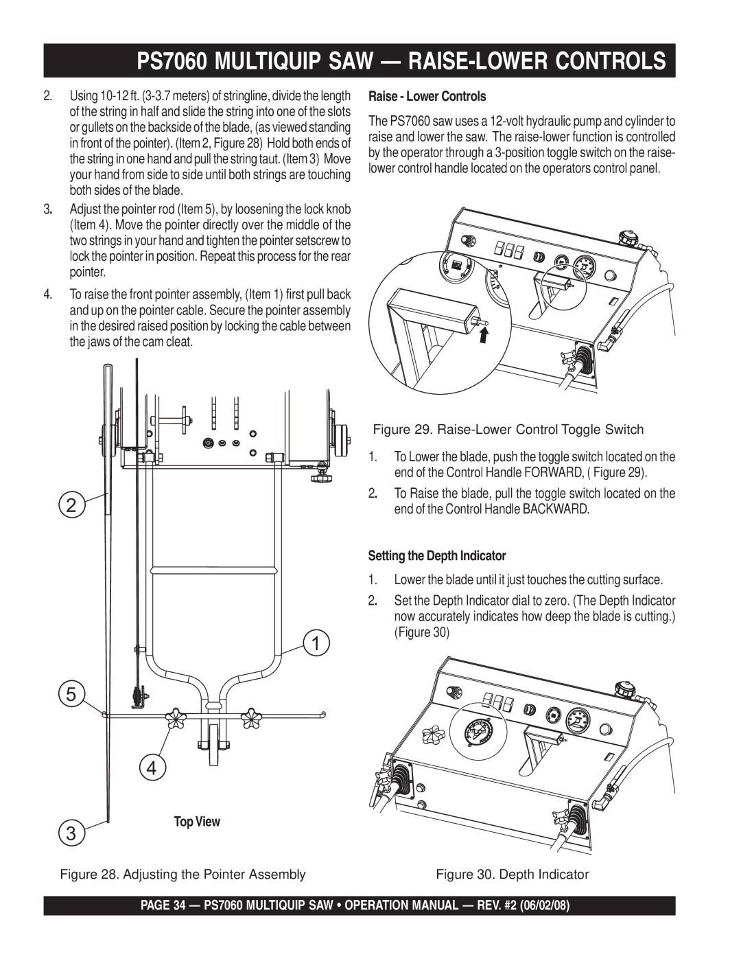 Multiquip PS706036 PS7060 Multiquip SAW RAISE-LOWER Controls, Top View Raise Lower Controls, Setting the Depth Indicator 