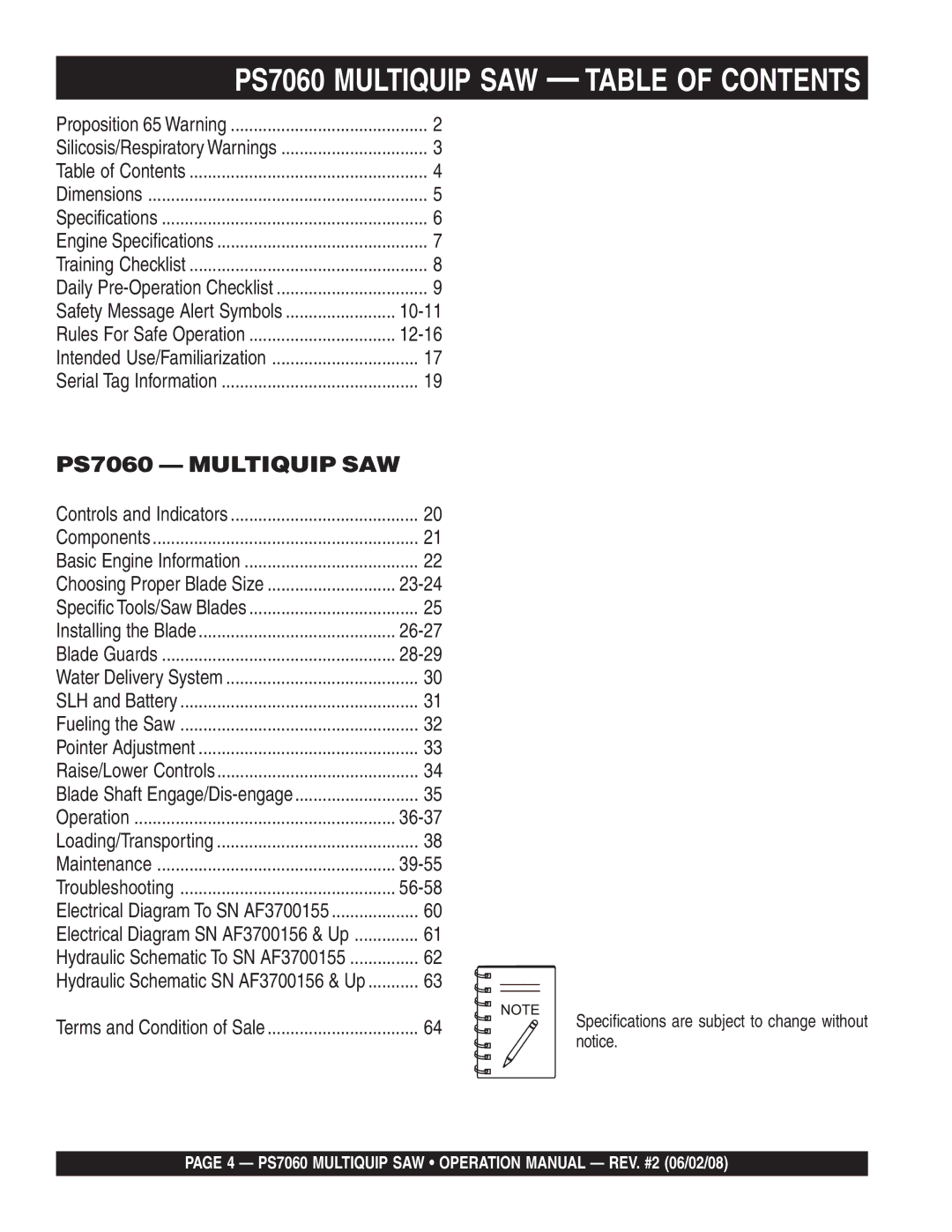 Multiquip PS706026 PS706030, PS706020, PS706036, PS706016 operation manual PS7060 Multiquip SAW Table of Contents 