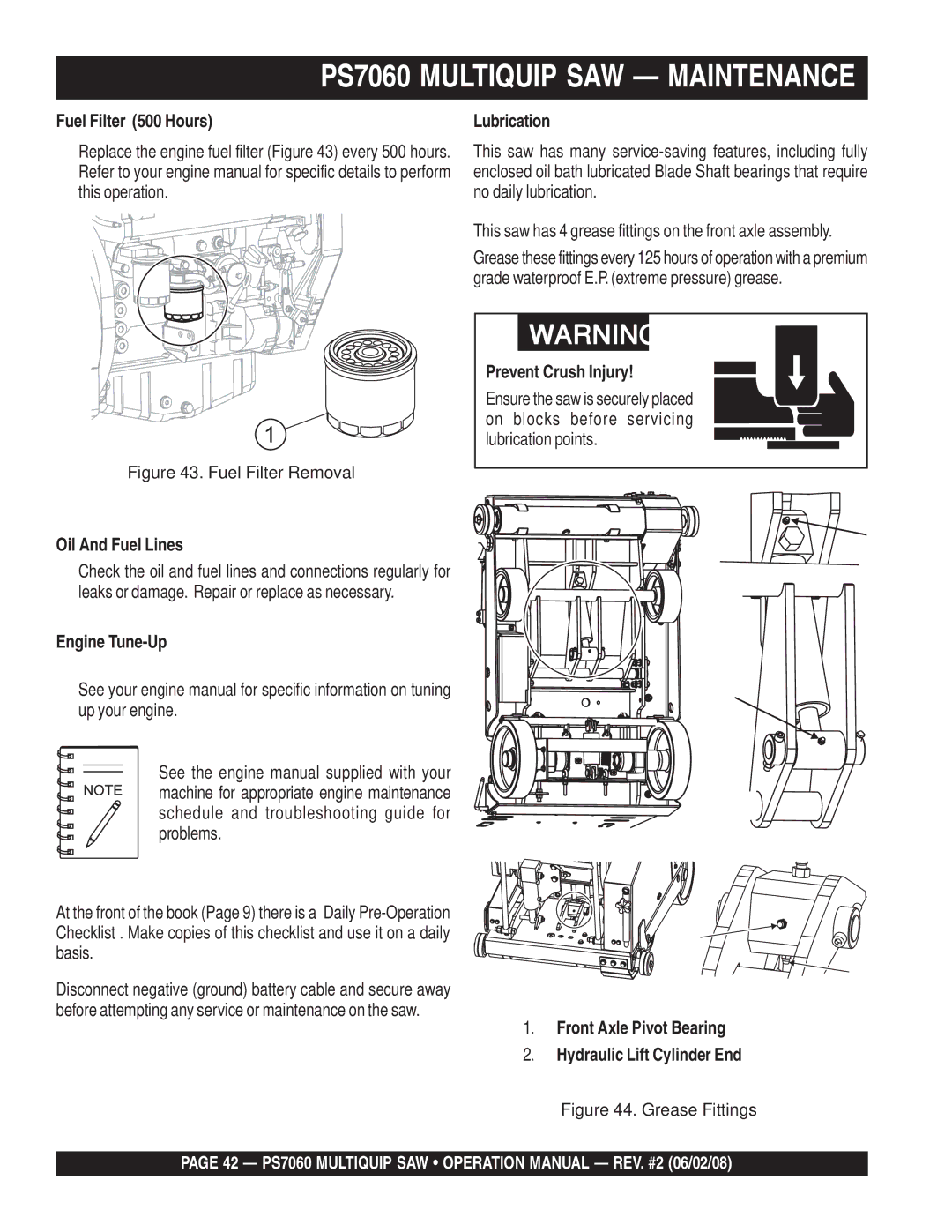 Multiquip PS706036, PS706026 PS706030, PS706020 Fuel Filter 500 Hours, Engine Tune-Up, Lubrication, Prevent Crush Injury 