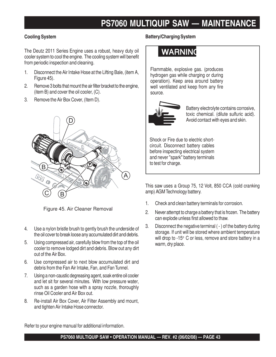 Multiquip PS706016, PS706026 PS706030, PS706020 Cooling System, Remove the Air Box Cover, Item D, Battery/Charging System 