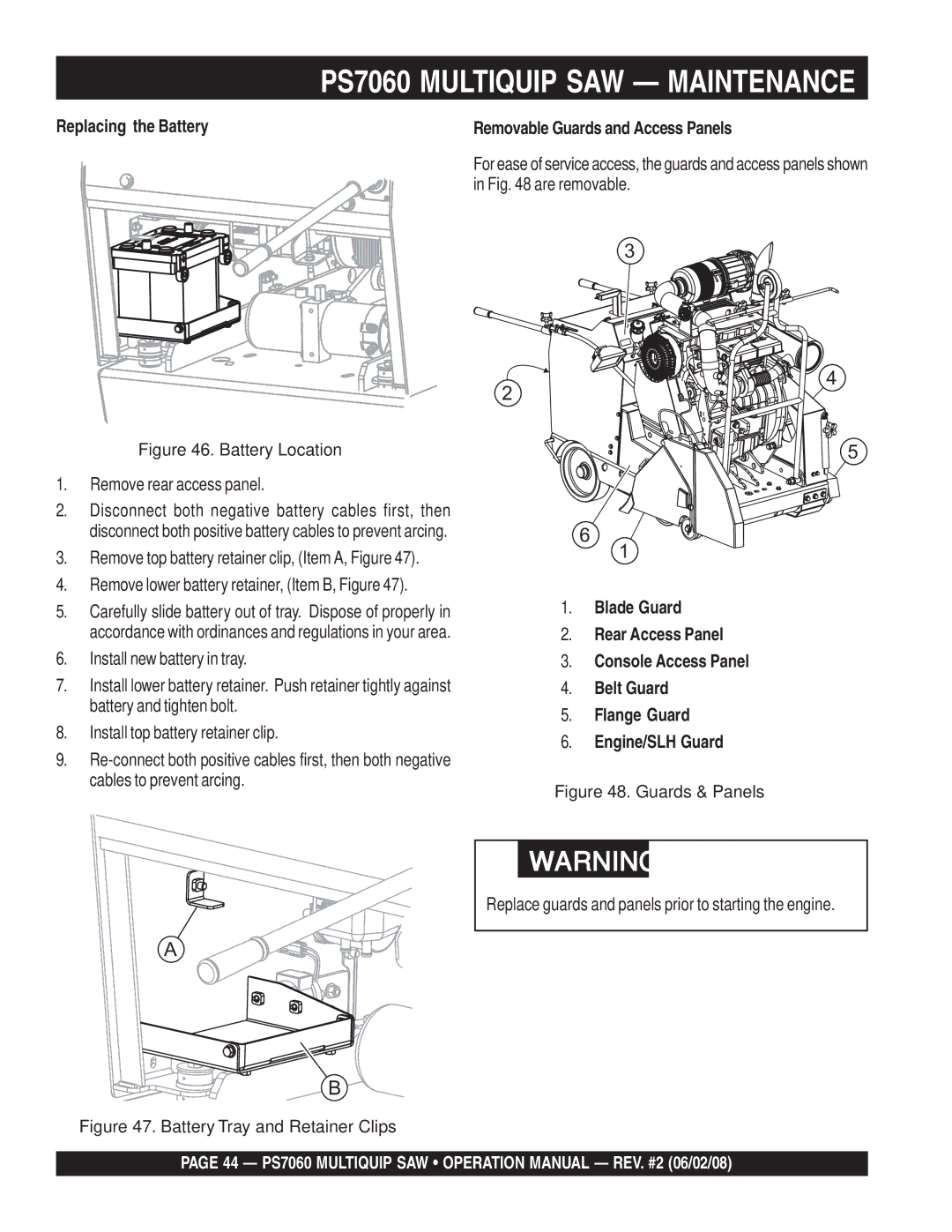 Multiquip PS706026 PS706030 Replacing the Battery, Remove rear access panel, Remove lower battery retainer, Item B, Figure 