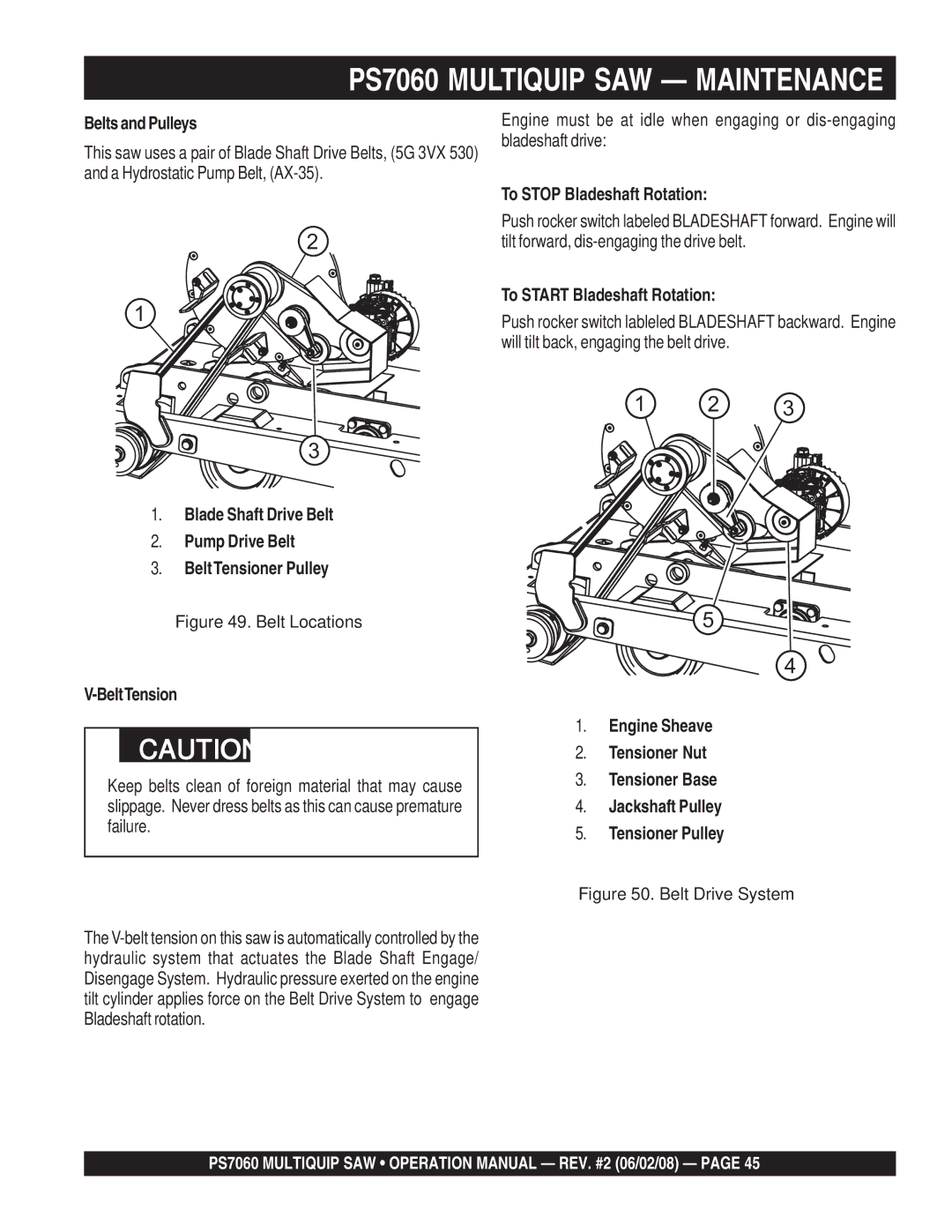 Multiquip PS706020, PS706026 PS706030 Belts and Pulleys, To Stop Bladeshaft Rotation, To Start Bladeshaft Rotation 