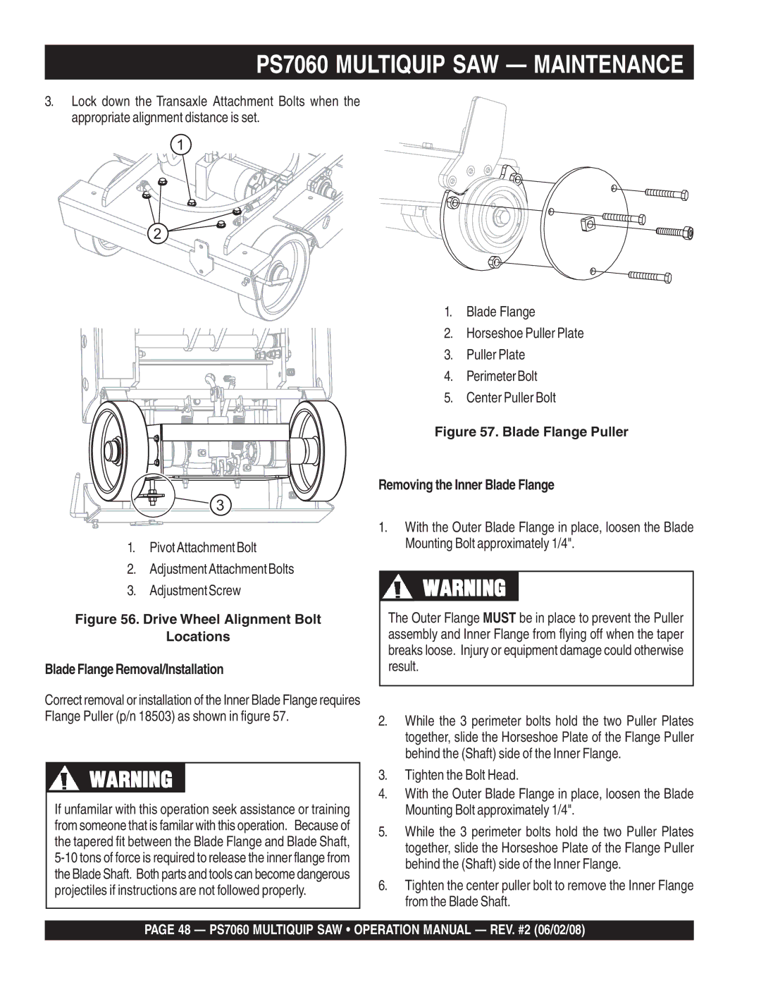 Multiquip PS706026 PS706030, PS706020, PS706036, PS706016 operation manual Blade Flange Puller Removing the Inner Blade Flange 