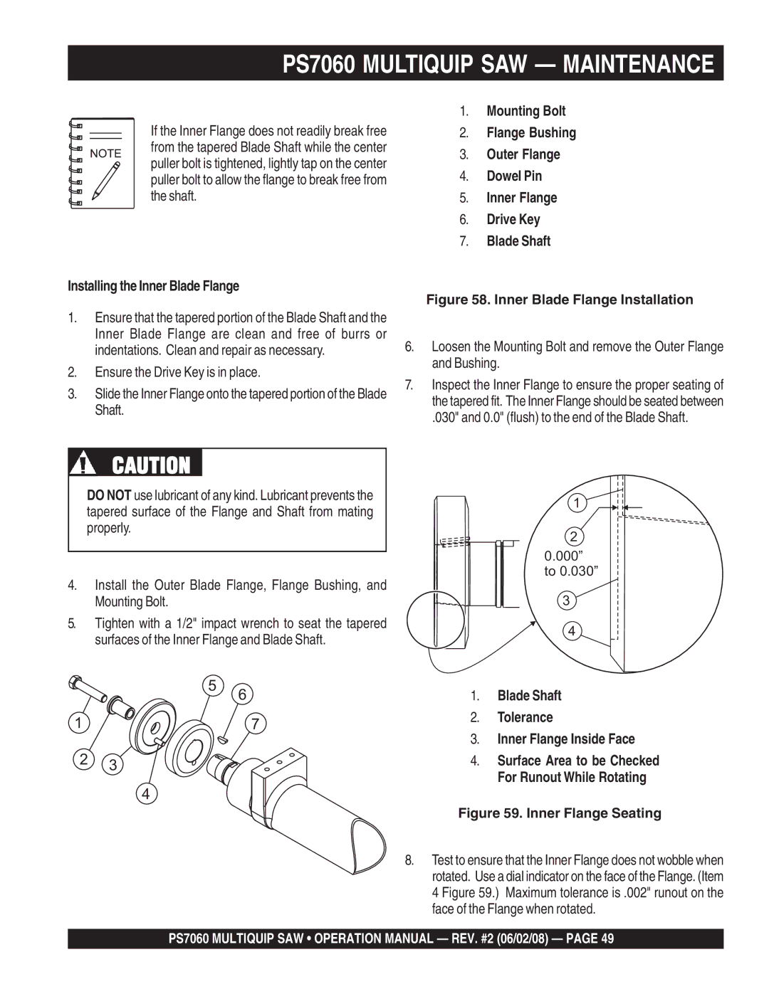 Multiquip PS706020, PS706026 PS706030 Installing the Inner Blade Flange, Blade Shaft Tolerance Inner Flange Inside Face 