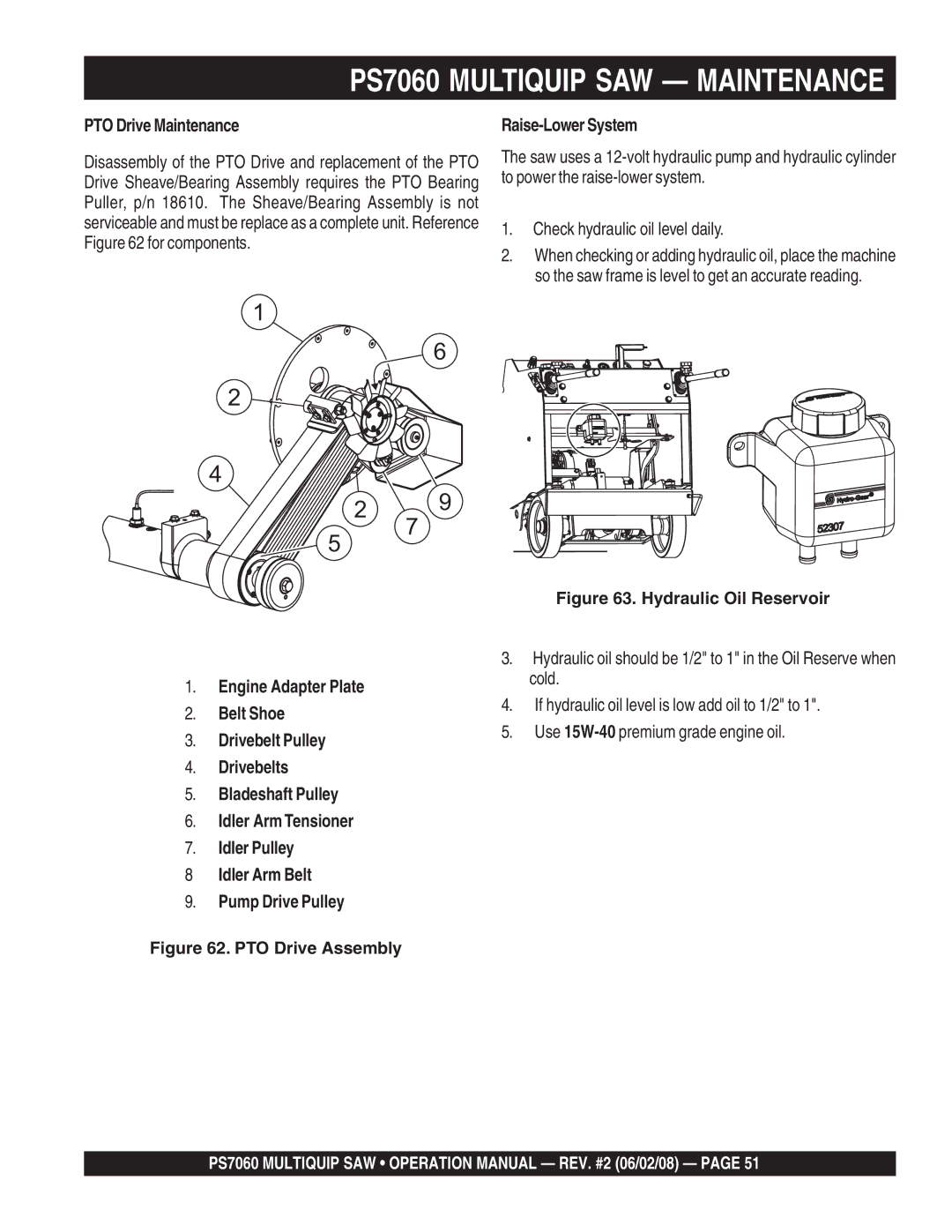 Multiquip PS706016, PS706026 PS706030, PS706020, PS706036 operation manual PTO Drive Maintenance, Raise-Lower System 