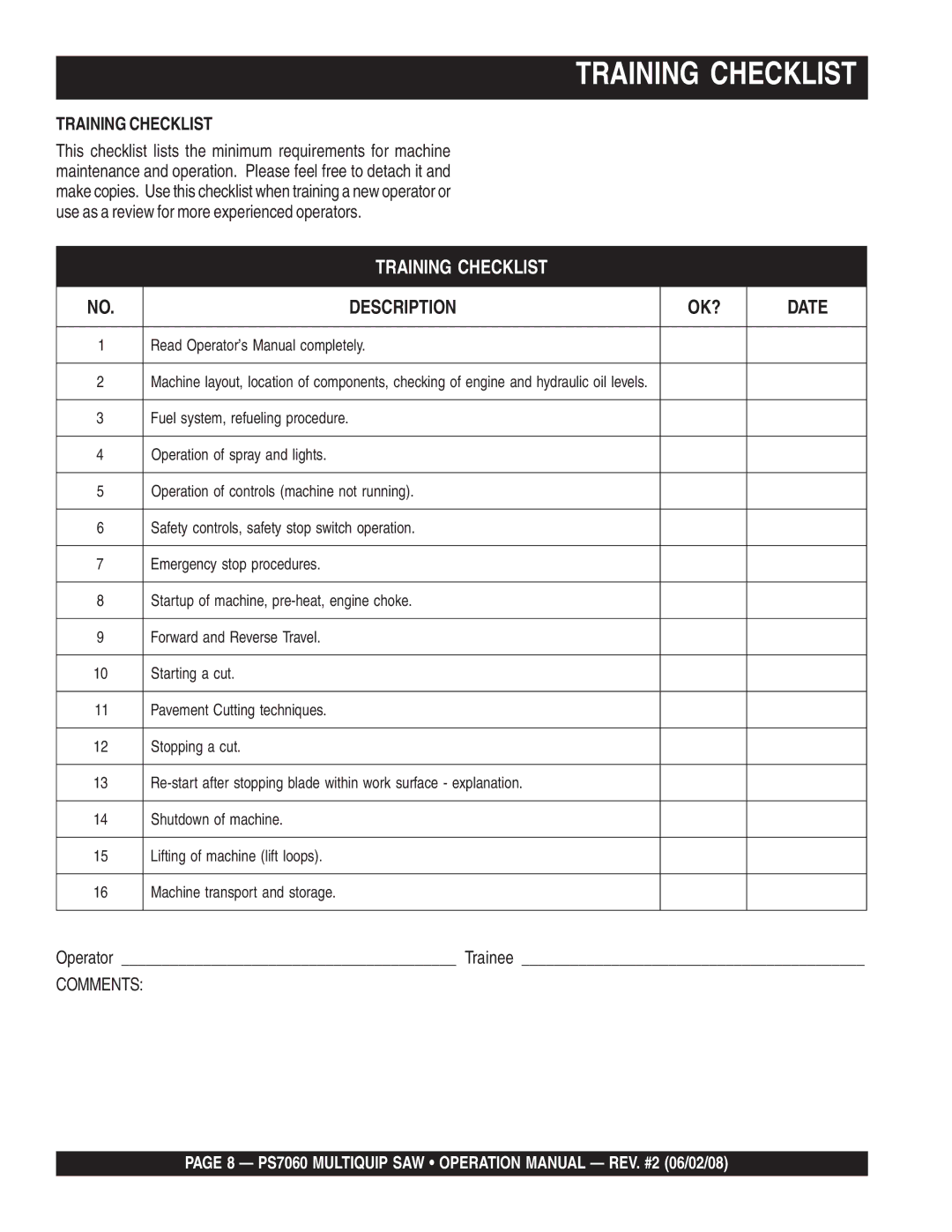 Multiquip PS706026 PS706030, PS706020, PS706036, PS706016 operation manual Training Checklist 