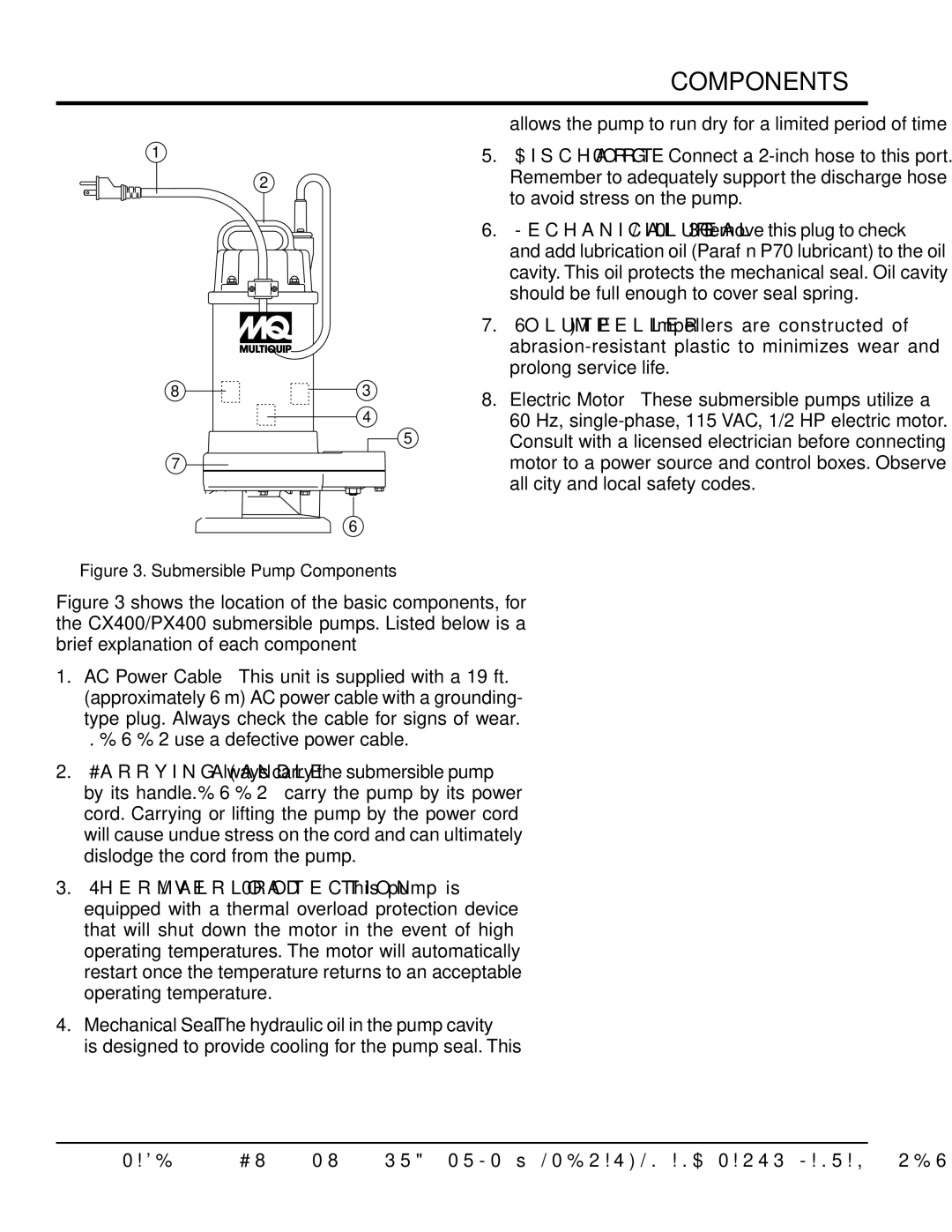 Multiquip px400, cx400 manual Components, Allows the pump to run dry for a limited period of time 