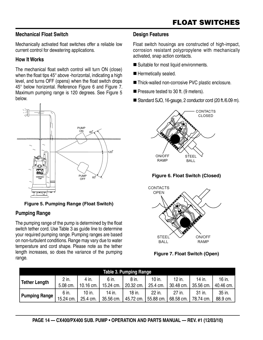 Multiquip px400, cx400 manual Float switches, Mechanical Float Switch, How It Works, Pumping Range, Design Features 