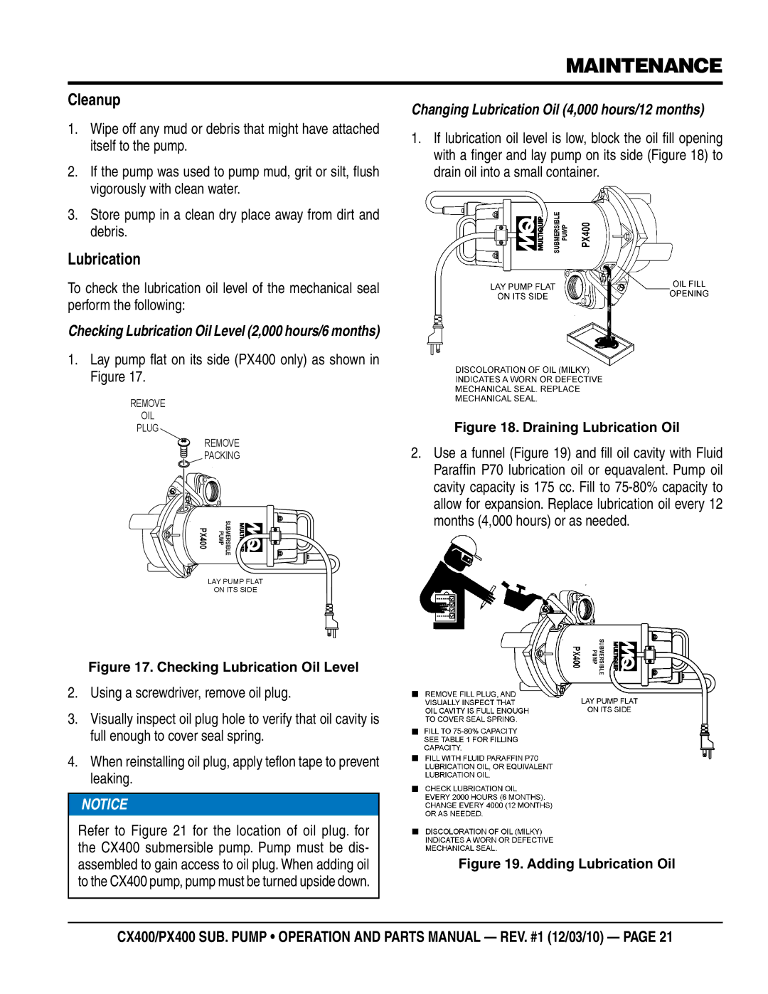 Multiquip cx400, px400 manual Maintenance, Cleanup, Lubrication, Lay pump flat on its side PX400 only as shown in Figure 