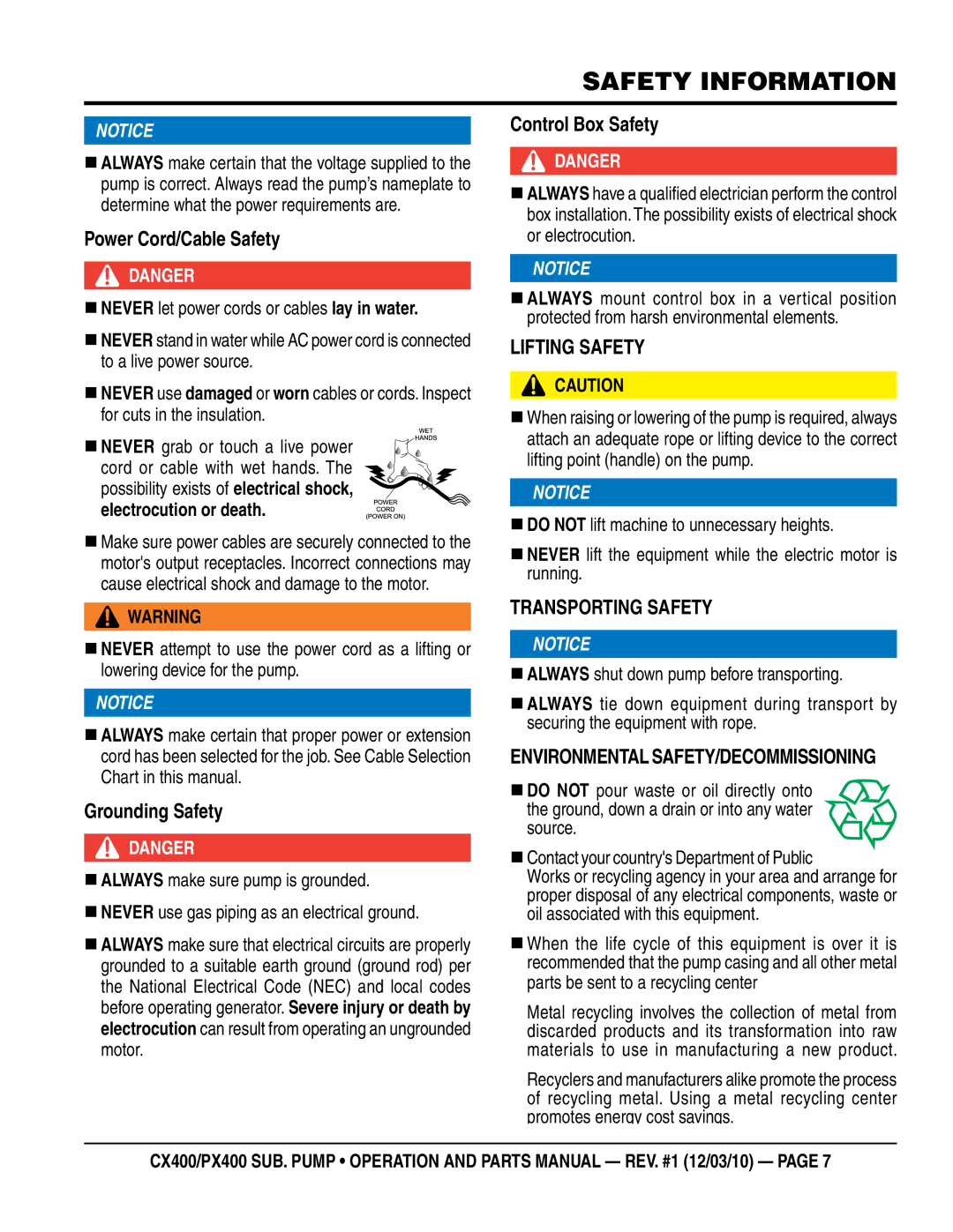 Multiquip cx400, px400 Power Cord/Cable Safety, Control box Safety, LiFting SaFetY, Grounding Safety, TranSporting SaFetY 