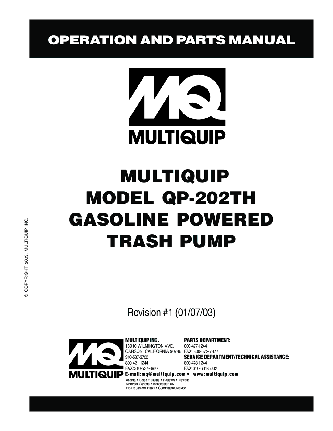 Multiquip manual Multiquip Model QP-202TH Gasoline Powered Trash Pump 