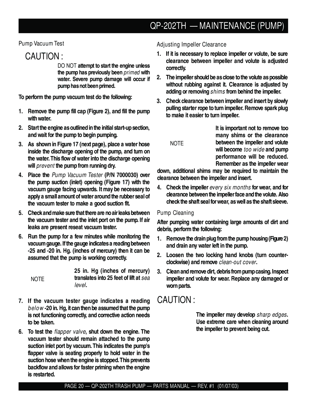 Multiquip manual QP-202TH Maintenance Pump, Pump Vacuum Test 