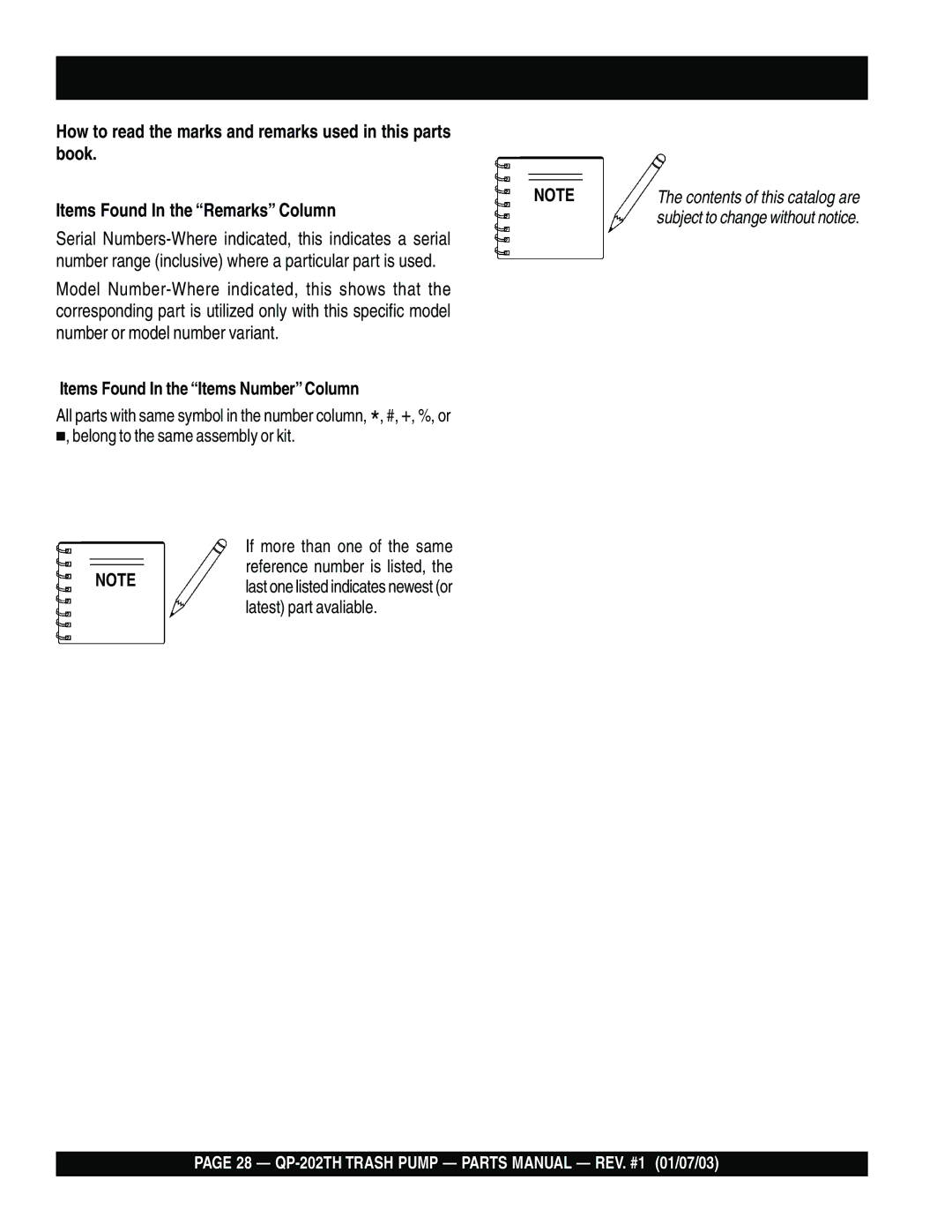 Multiquip QP-202TH manual Items Found In the Remarks Column 