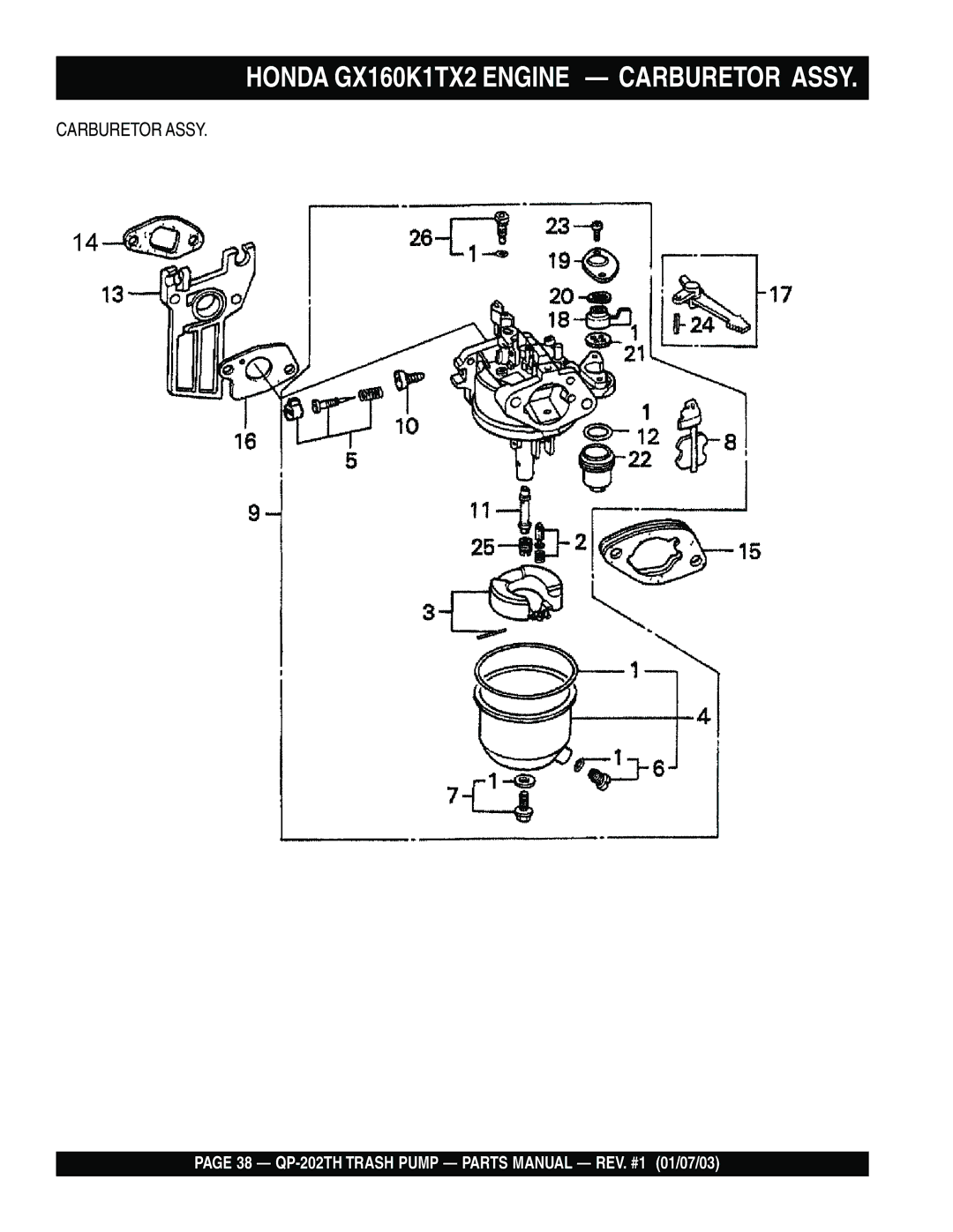 Multiquip QP-202TH manual Honda GX160K1TX2 Engine Carburetor Assy 