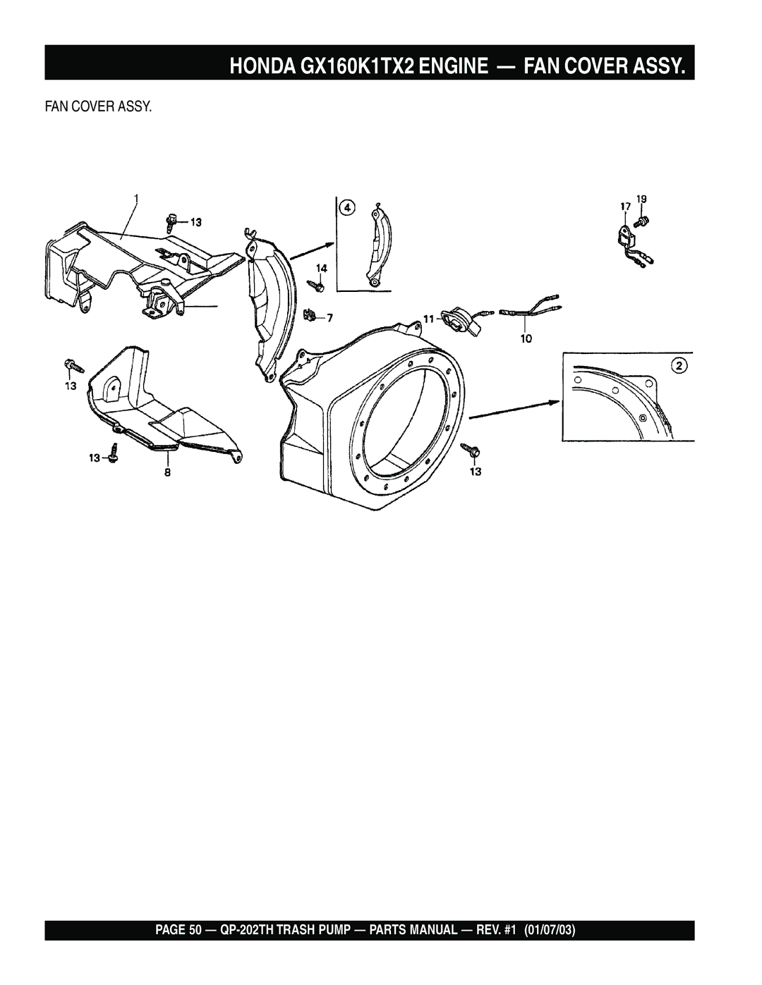 Multiquip QP-202TH manual Honda GX160K1TX2 Engine FAN Cover Assy 