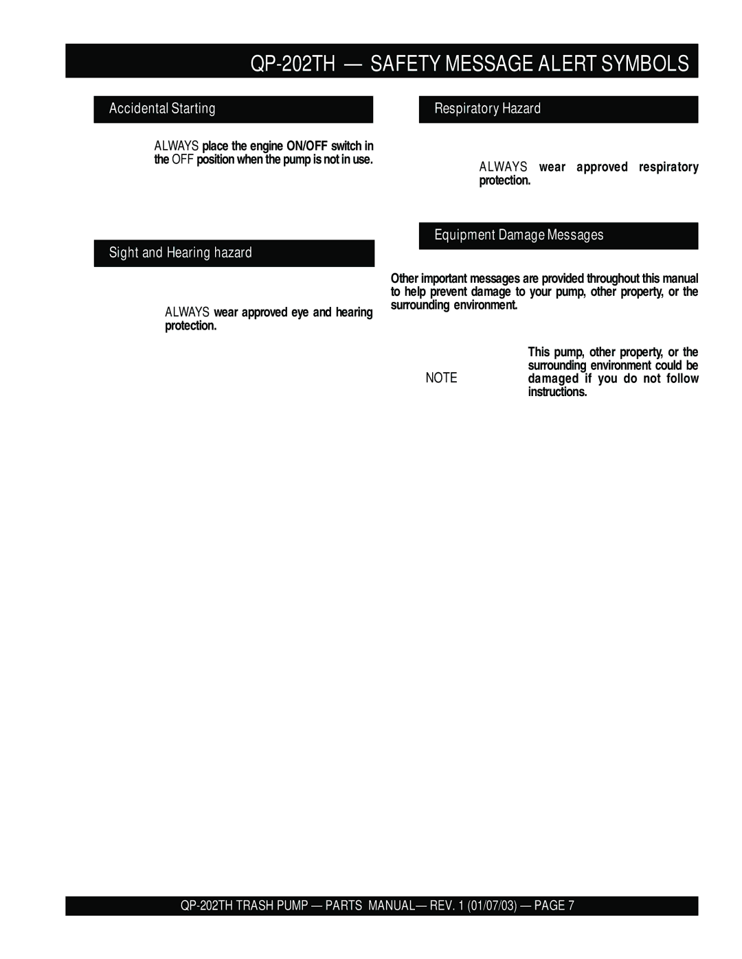 Multiquip manual QP-202TH Safety Message Alert Symbols 