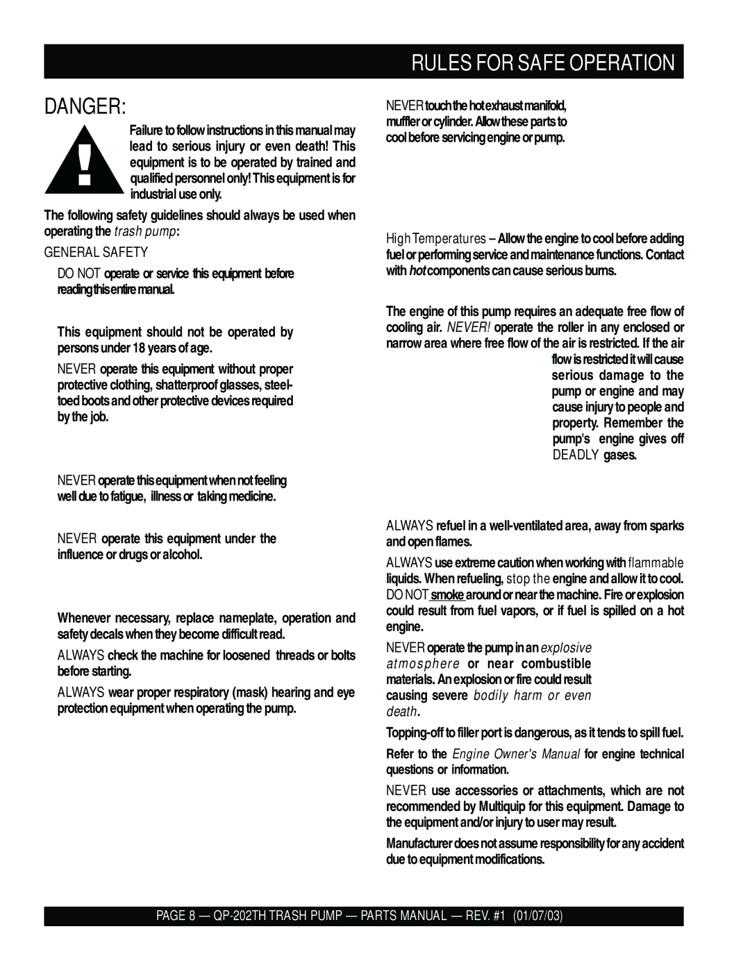 Multiquip QP-202TH manual Rules for Safe Operation, General Safety 