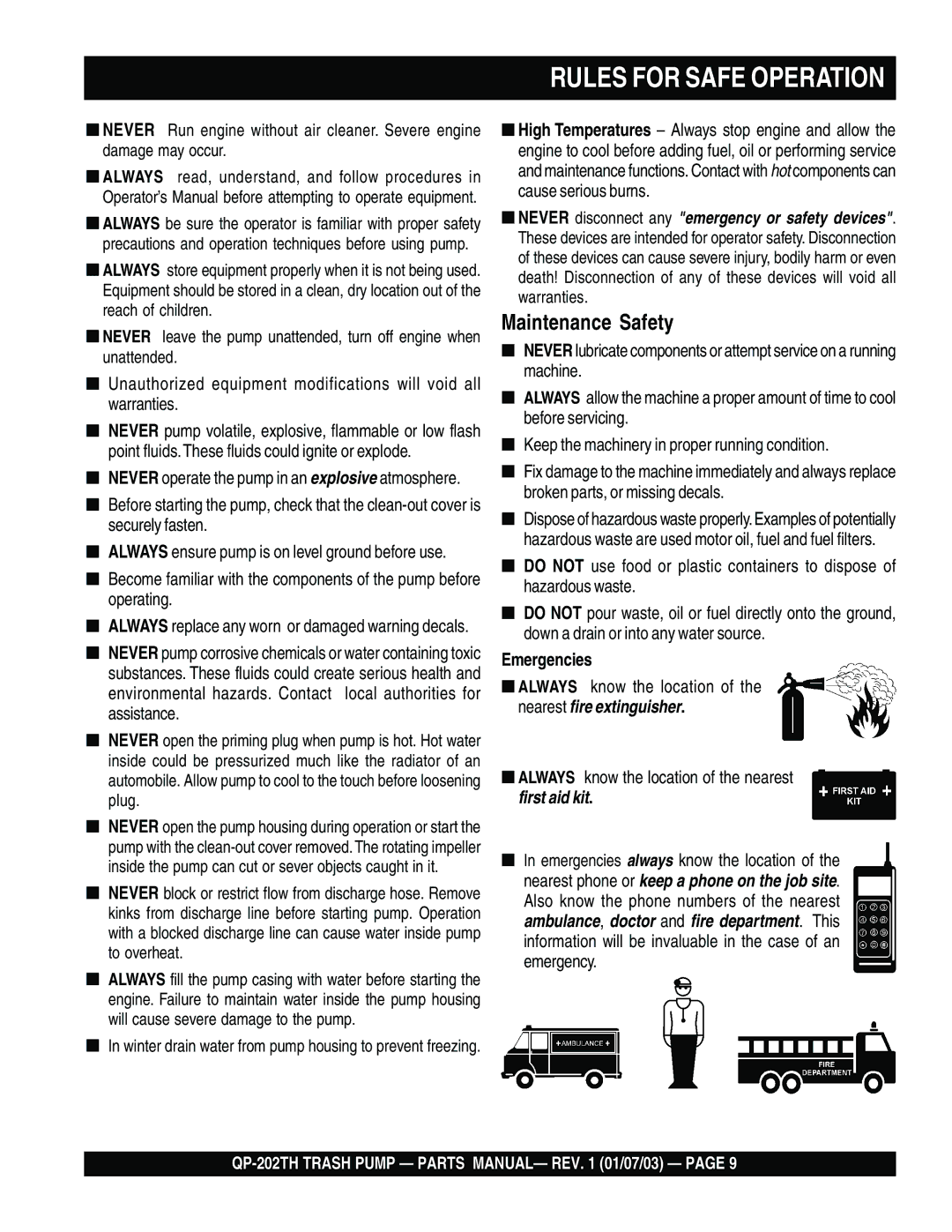 Multiquip QP-202TH manual Rules for Safe Operation 