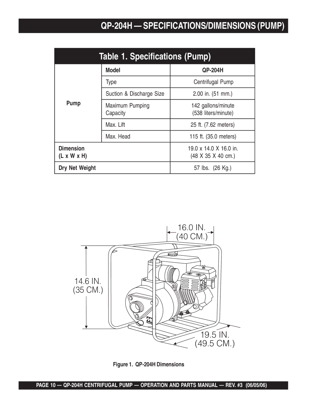 Multiquip manual Specifications Pump, QP-204H SPECIFICATIONS/DIMENSIONS Pump 