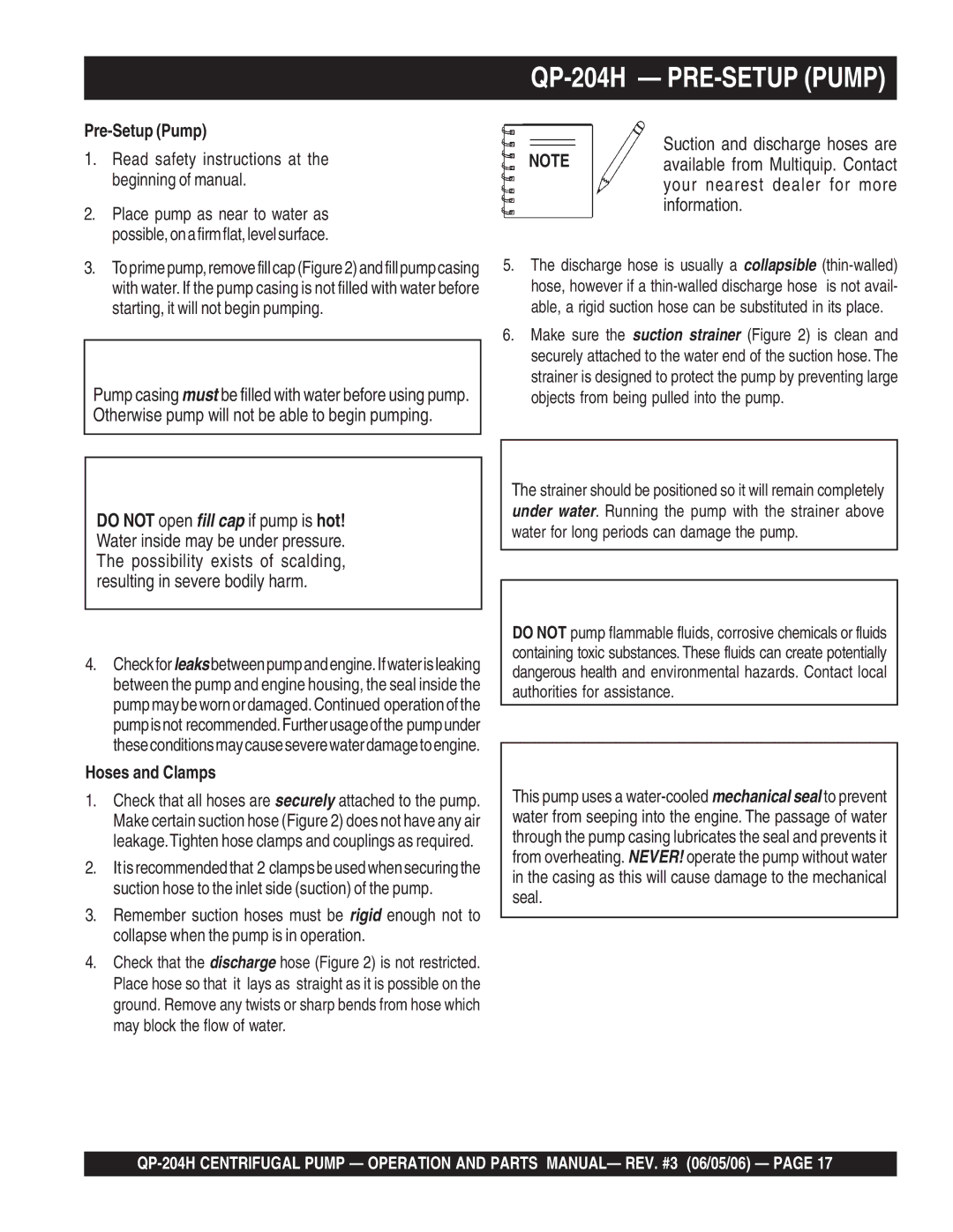 Multiquip manual QP-204H PRE-SETUP Pump 