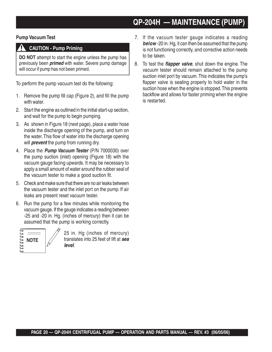 Multiquip manual QP-204H Maintenance Pump, Pump Vacuum Test 