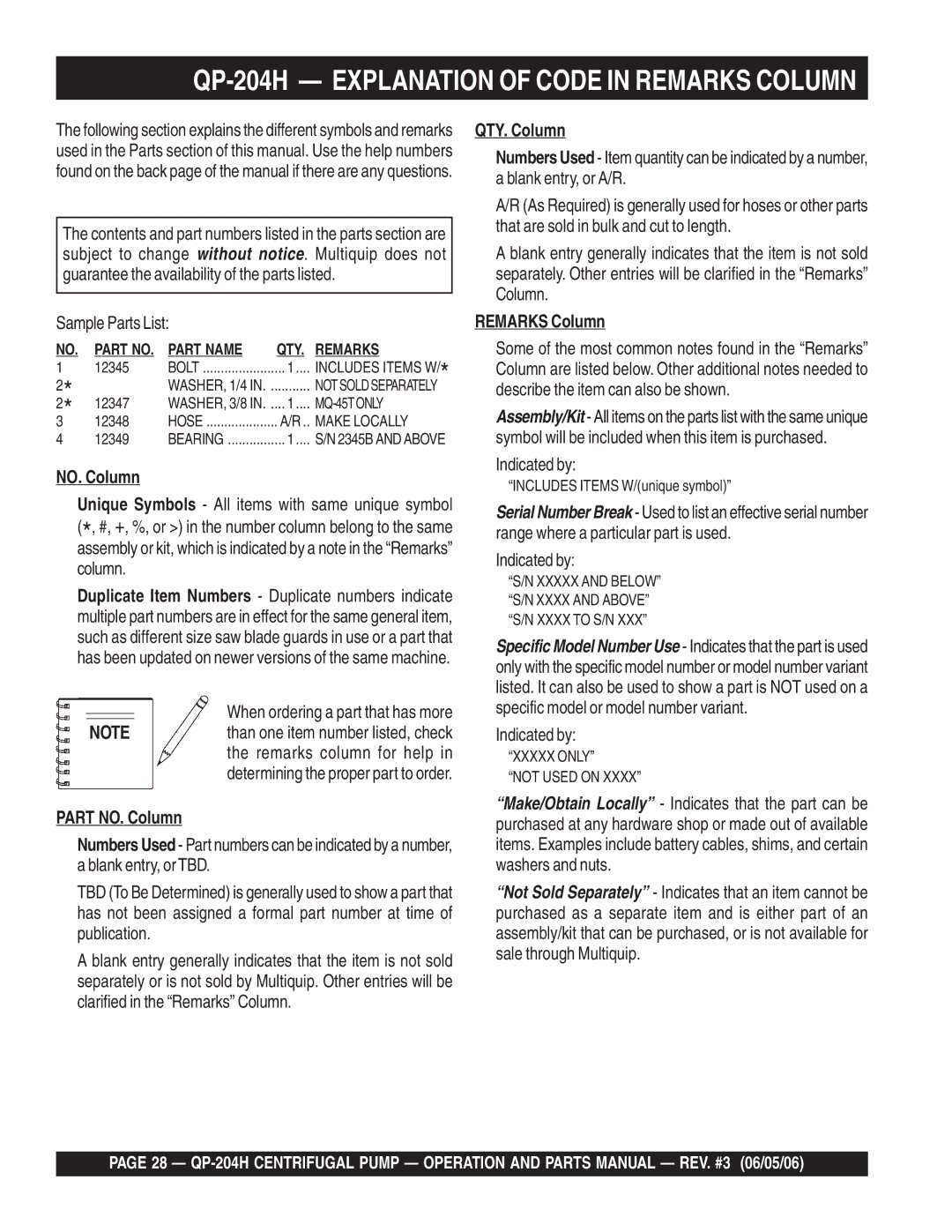 Multiquip manual QP-204H Explanation of Code in Remarks Column, Sample Parts List 