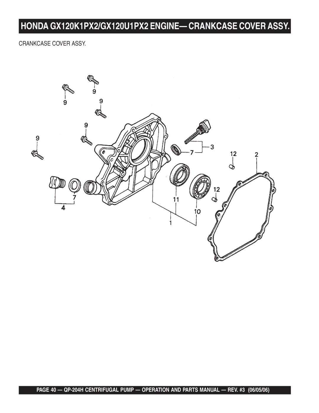 Multiquip QP-204H manual Honda GX120K1PX2/GX120U1PX2 ENGINE- Crankcase Cover Assy 