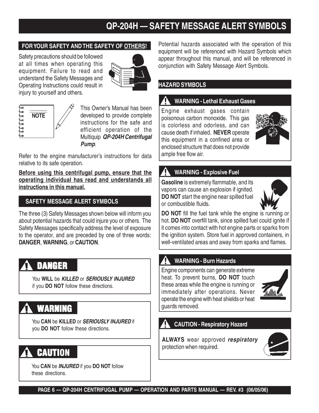 Multiquip manual QP-204H Safety Message Alert Symbols, Foryour Safety and the Safety of Others 