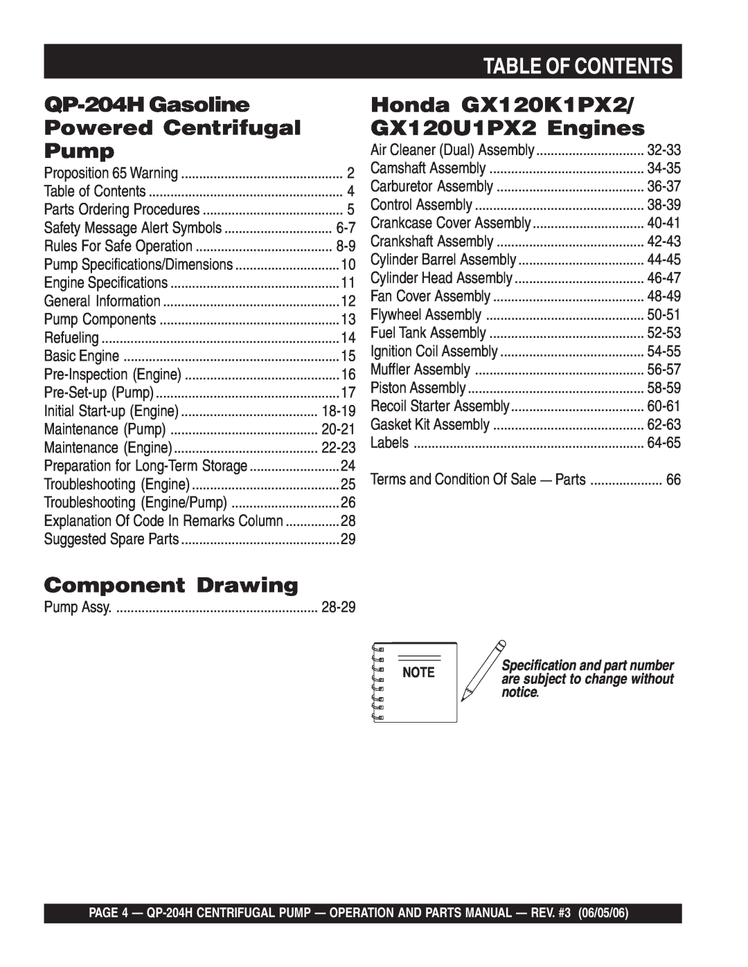 Multiquip manual Table Of Contents, QP-204HGasoline, Powered Centrifugal, Pump, Honda GX120K1PX2/ GX120U1PX2 Engines 