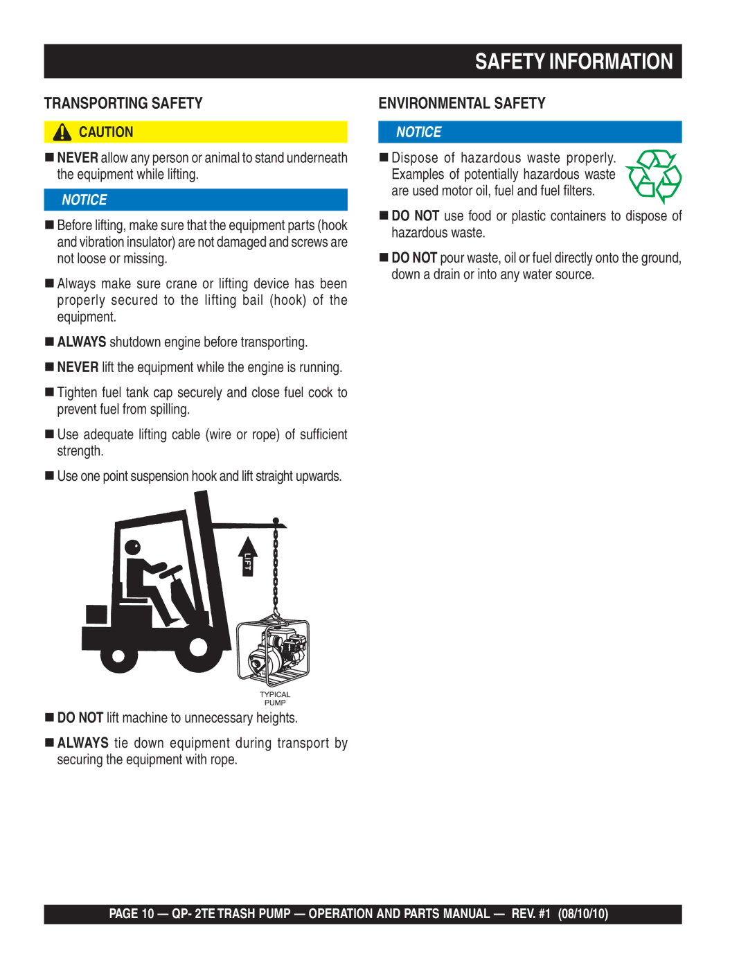 Multiquip Qp-2TE manual Transporting Safety 