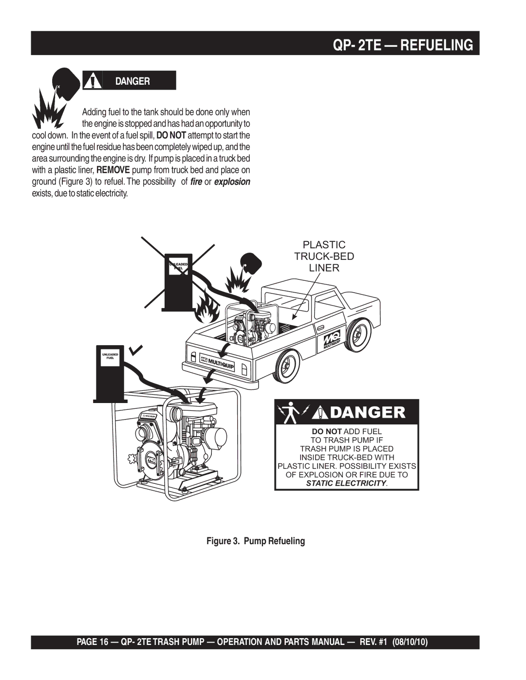 Multiquip Qp-2TE manual QP- 2TE Refueling, Plastic TRUCK-BED Liner 