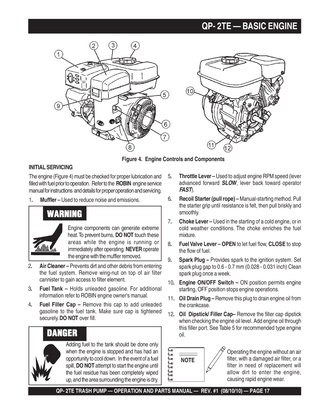 Multiquip Qp-2TE manual QP- 2TE Basic Engine, Initial Servicing 