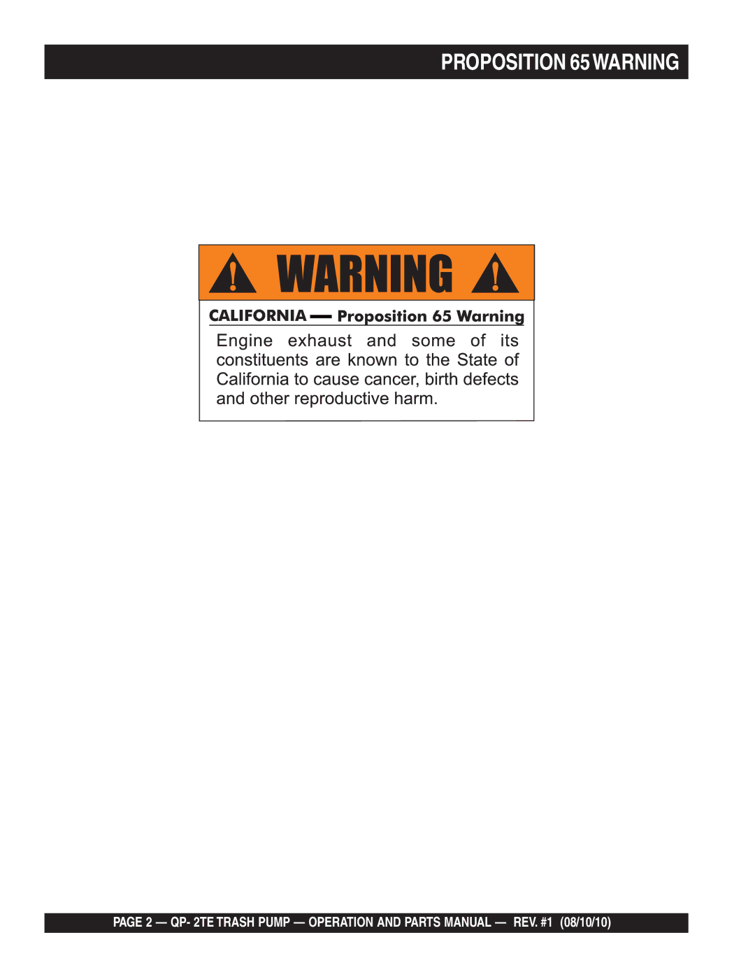 Multiquip Qp-2TE manual Proposition 65WARNING 