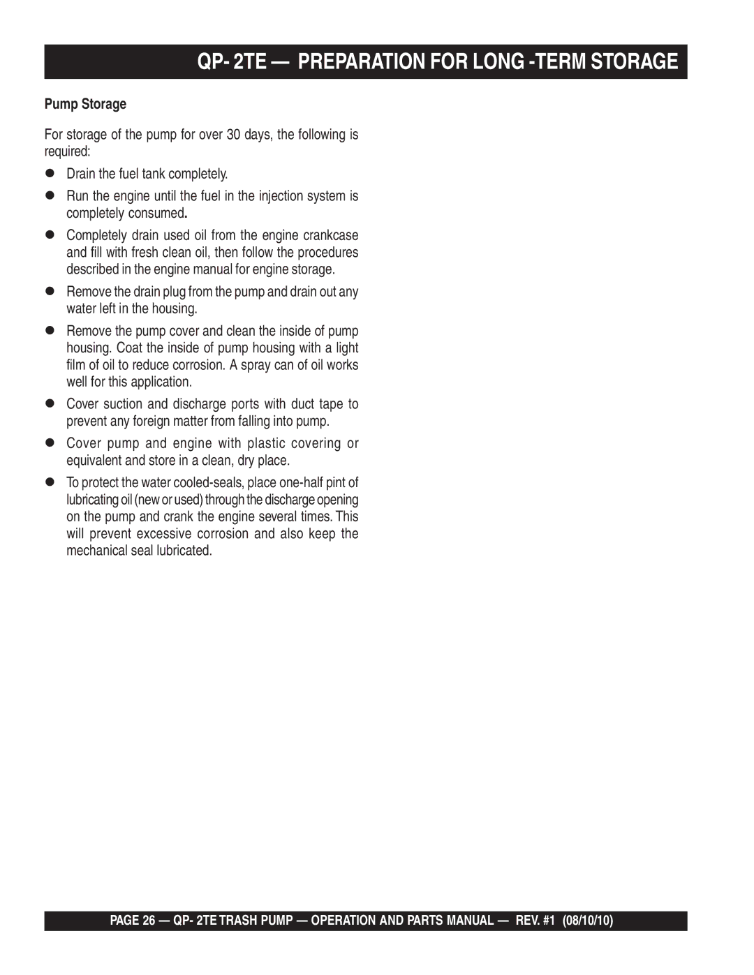 Multiquip Qp-2TE manual QP- 2TE Preparation for Long -TERM Storage, Pump Storage 