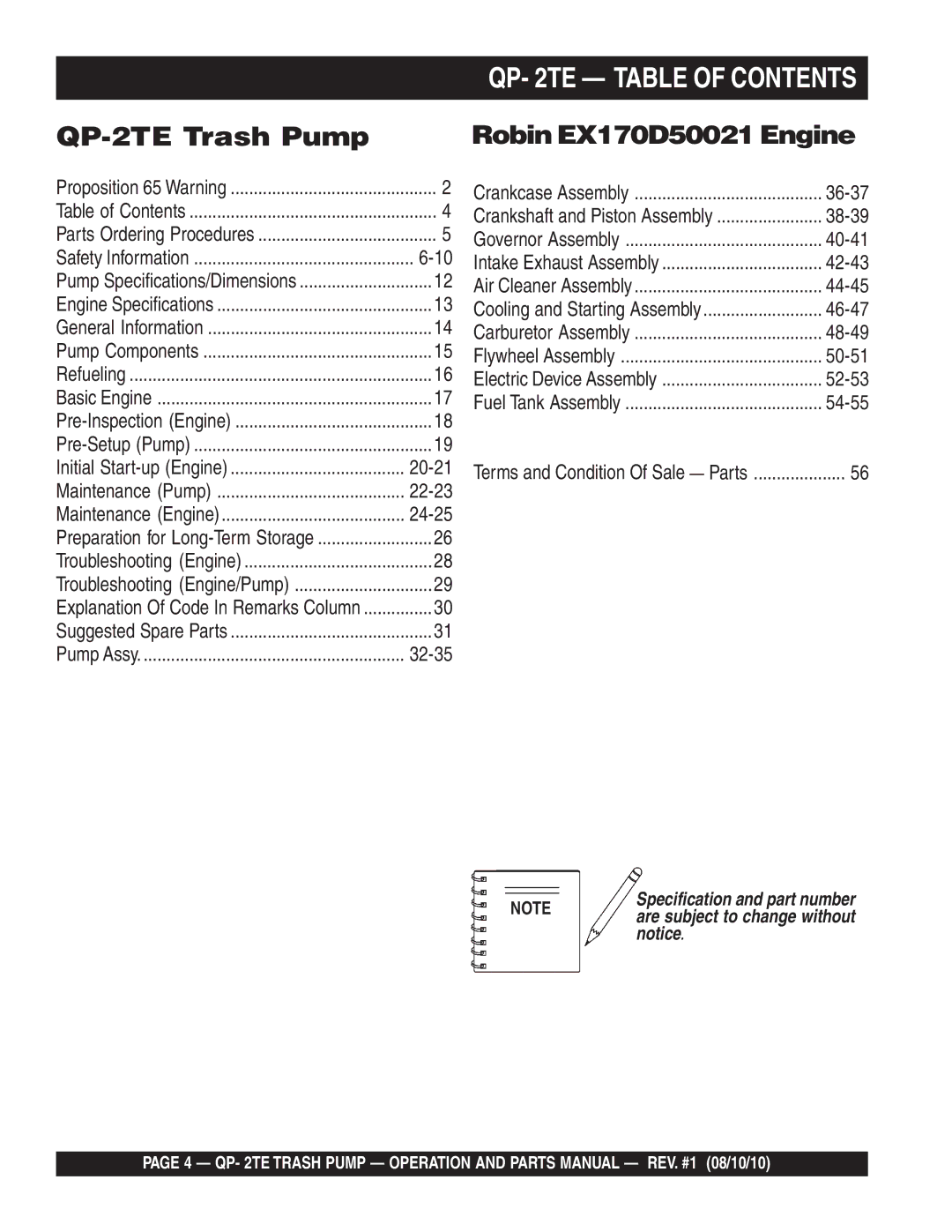 Multiquip Qp-2TE manual QP- 2TE Table of Contents 