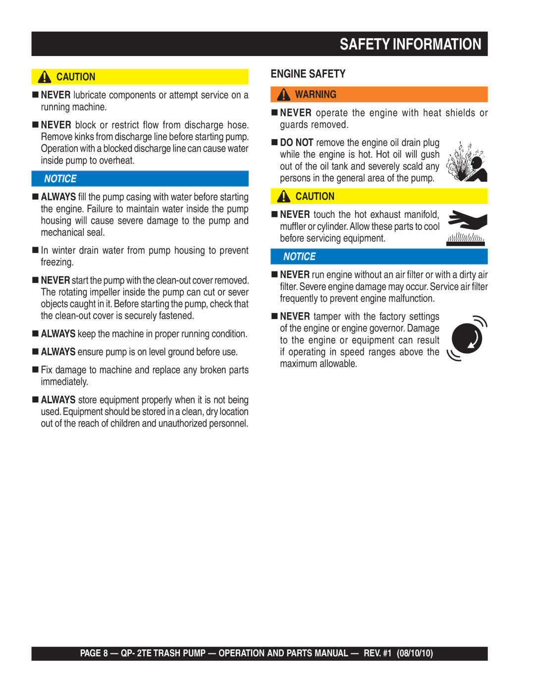 Multiquip Qp-2TE manual Engine Safety 