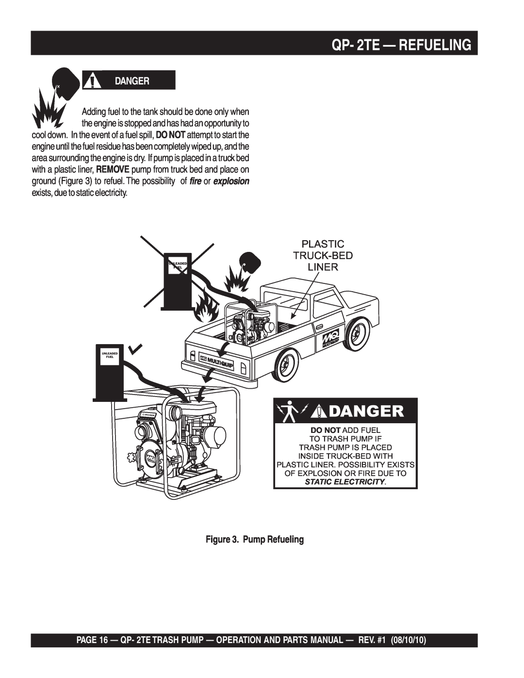 Multiquip Qp-2TE QP- 2TE - REFUELING, Danger, Plastic Truck-Bed Liner, Pump Refueling, Do Not Add Fuel To Trash Pump If 