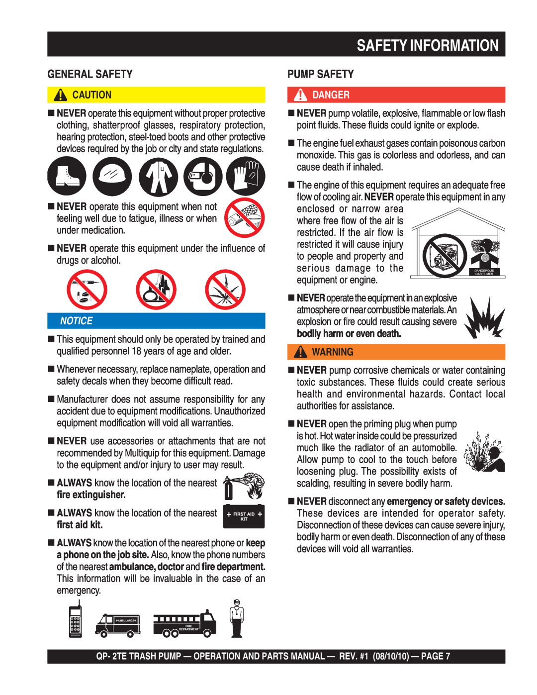 Multiquip Qp-2TE manual General Safety, Pump Safety, ﬁre extinguisher, ﬁrst aid kit, Safety Information, Danger 
