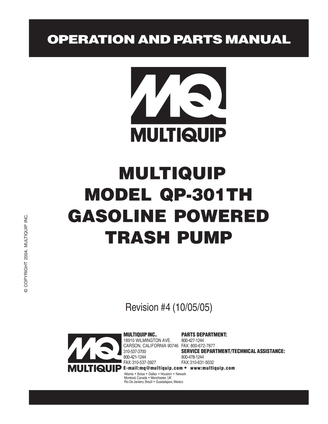 Multiquip manual Multiquip Model QP-301TH Gasoline Powered Trash Pump 