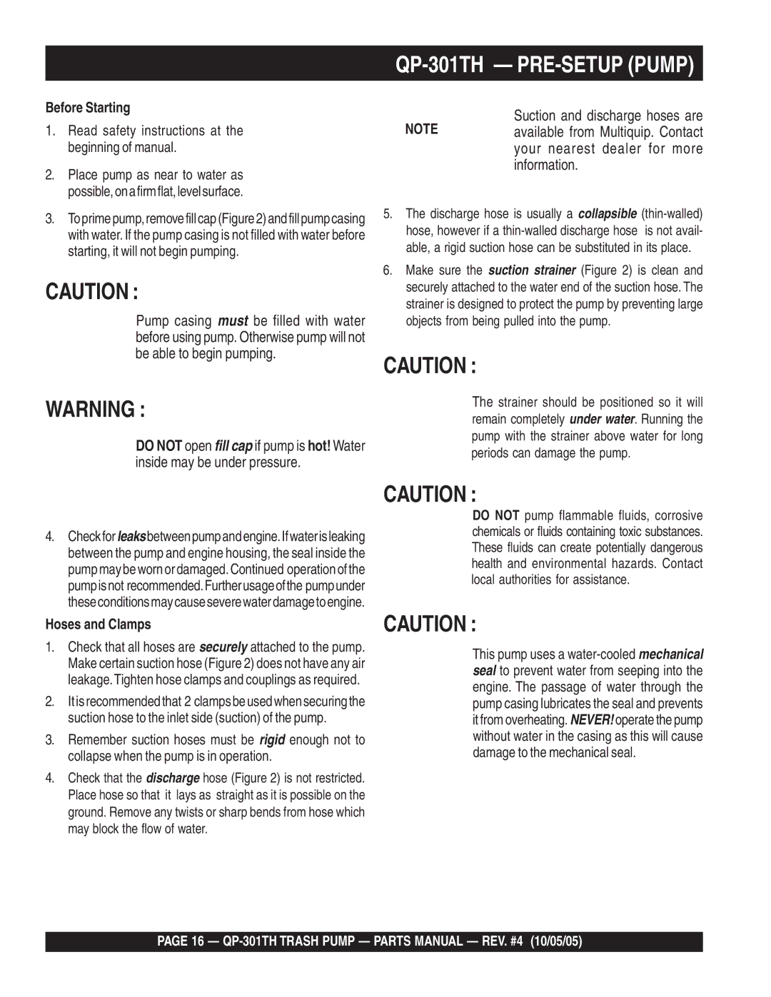 Multiquip QP-301TH PRE-SETUP Pump, Read safety instructions at the beginning of manual 