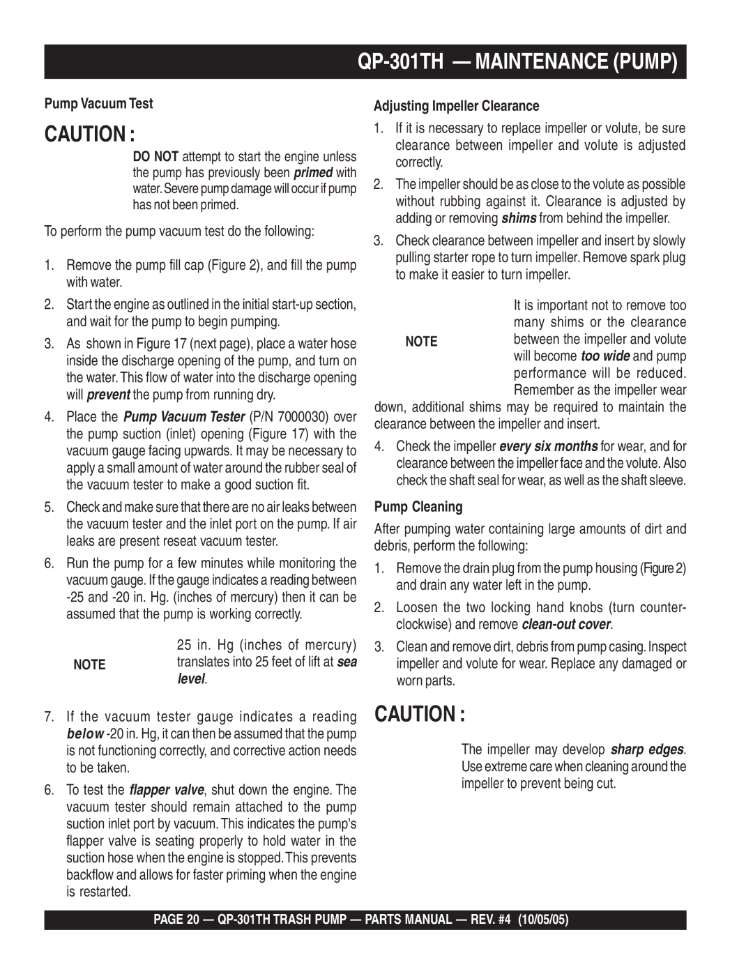 Multiquip manual QP-301TH Maintenance Pump, Pump Vacuum Test 