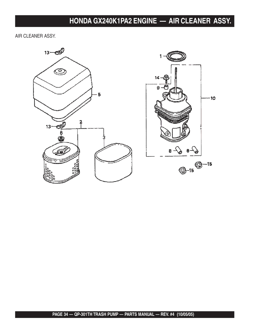 Multiquip QP-301TH manual Honda GX240K1PA2 Engine AIR Cleaner Assy 