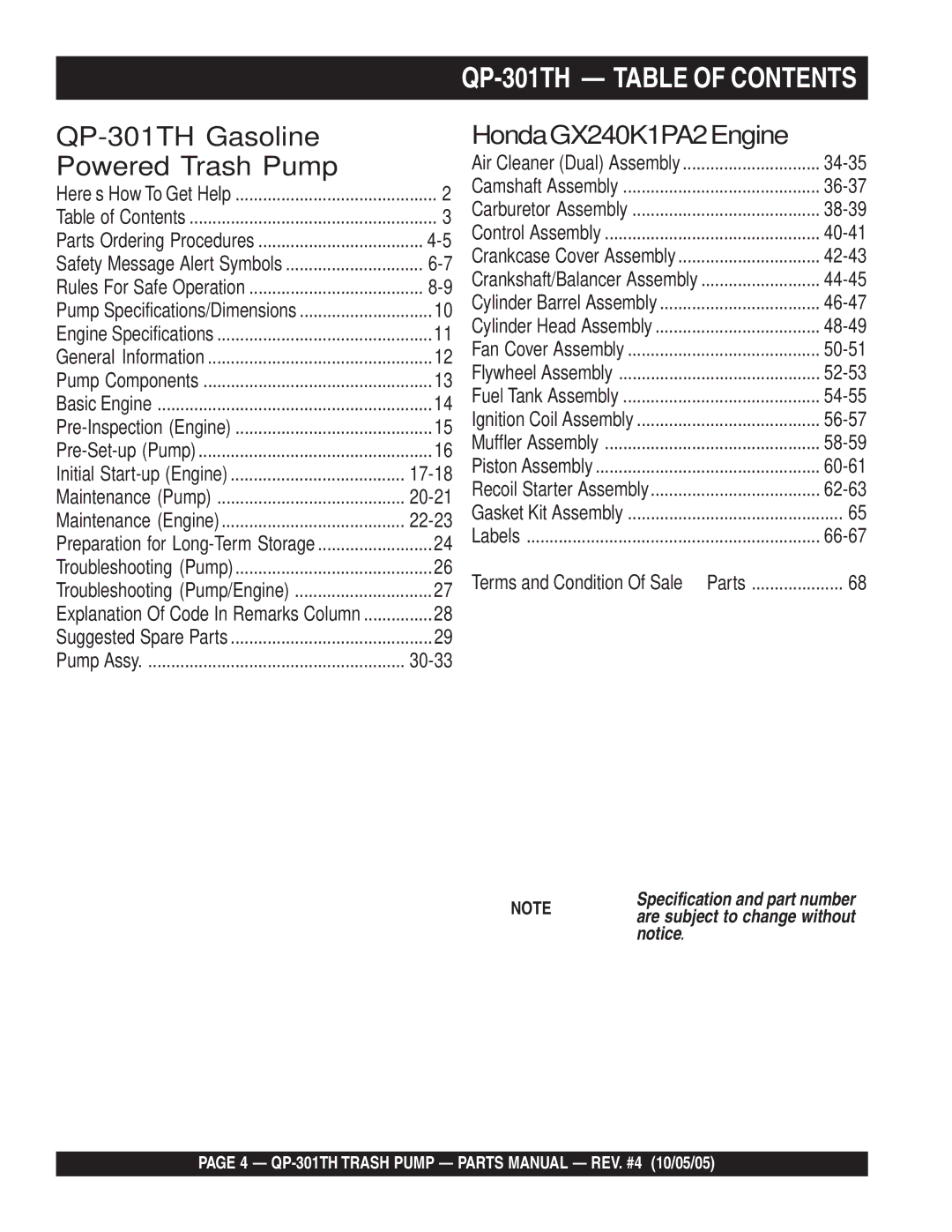 Multiquip manual QP-301TH Table of Contents 