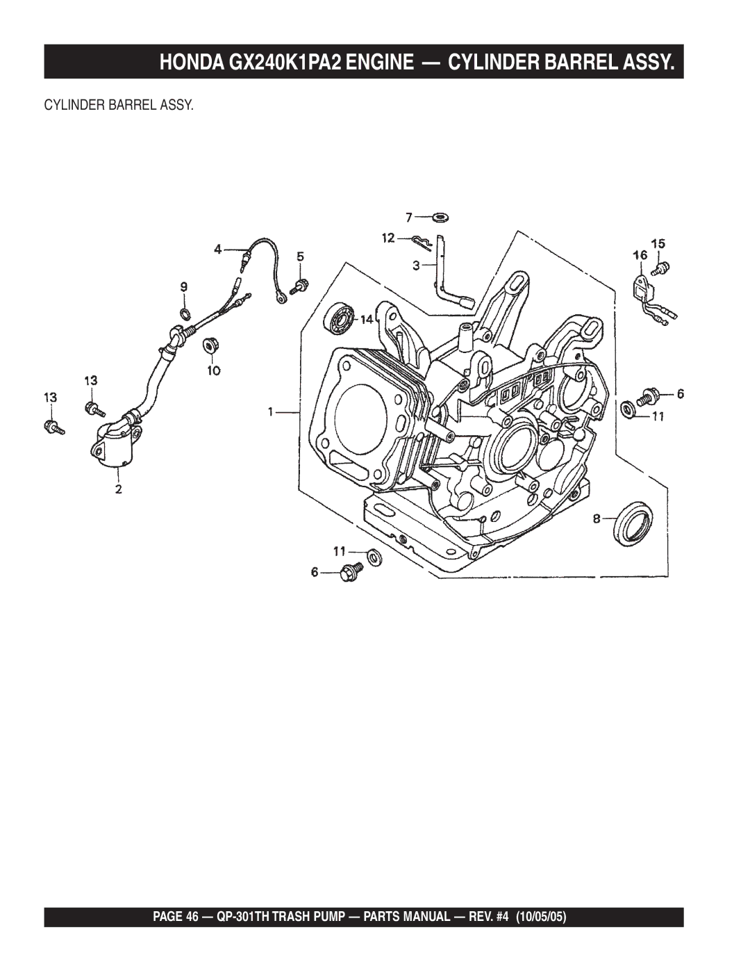 Multiquip QP-301TH manual Honda GX240K1PA2 Engine Cylinder Barrel Assy 