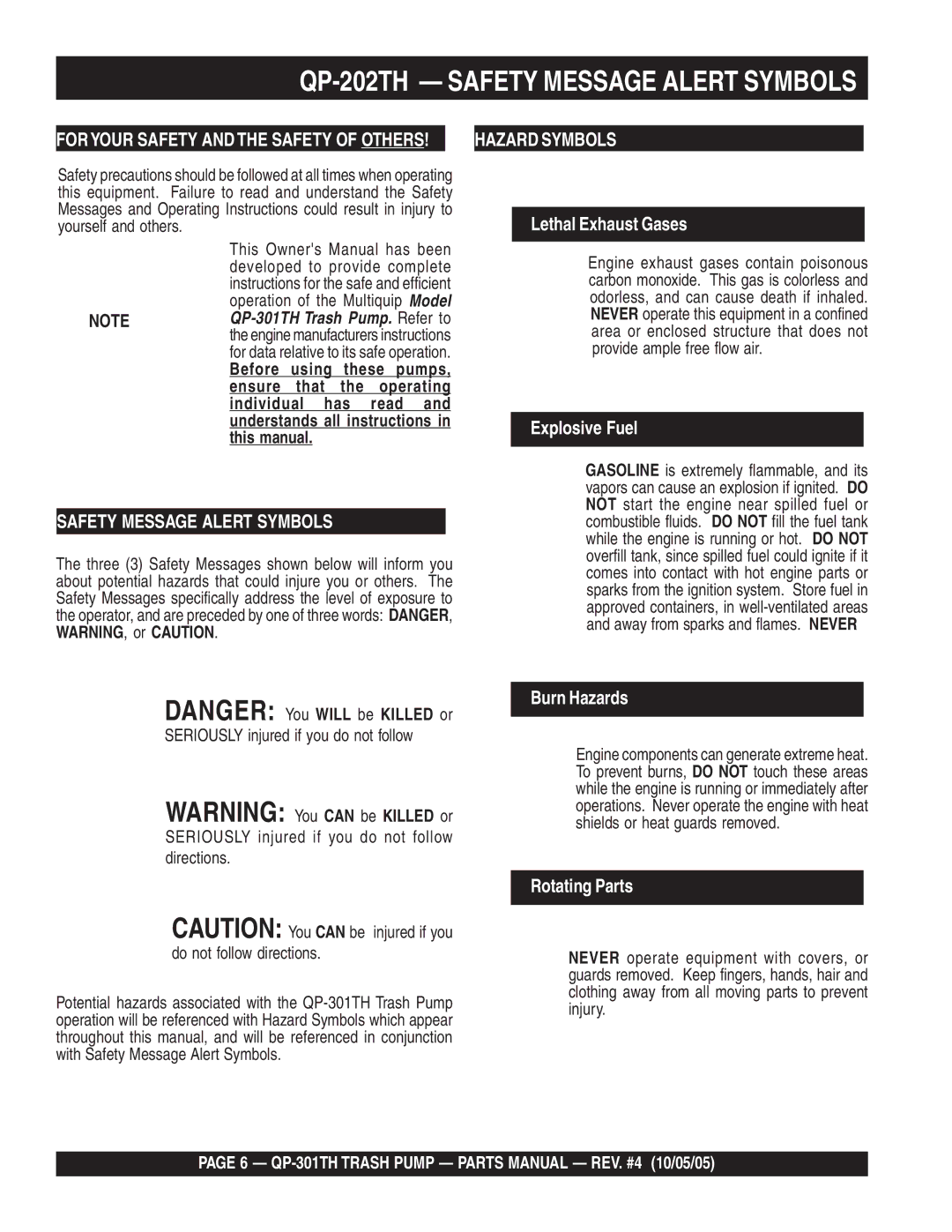 Multiquip QP-301TH manual QP-202TH Safety Message Alert Symbols 